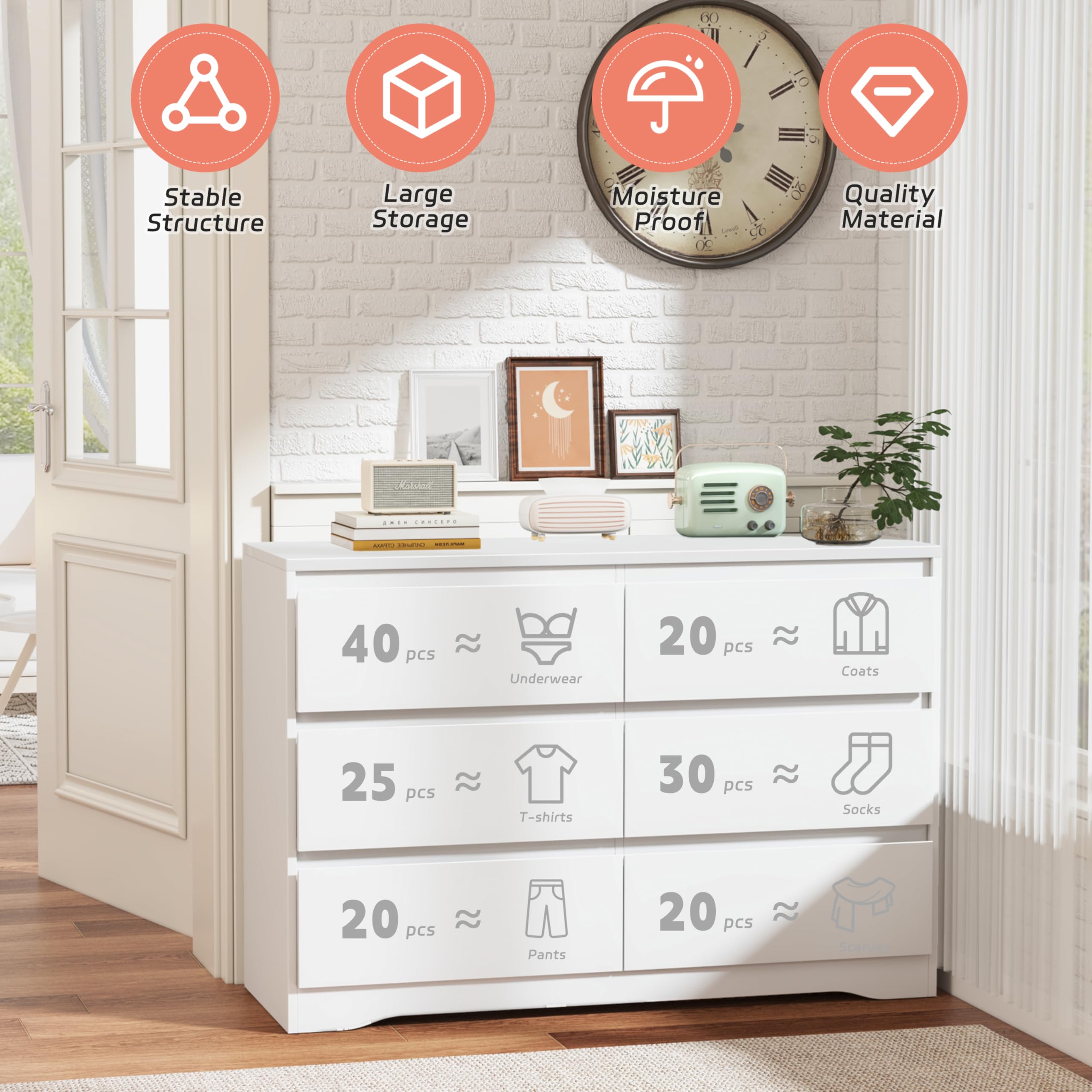 Modern 6-Drawer Dresser for Bedroom & Living Room - White Wooden Storage Chest with Deep Drawers - Perfect for Bedroom Organization, Entryway Storage & Hallway Decor