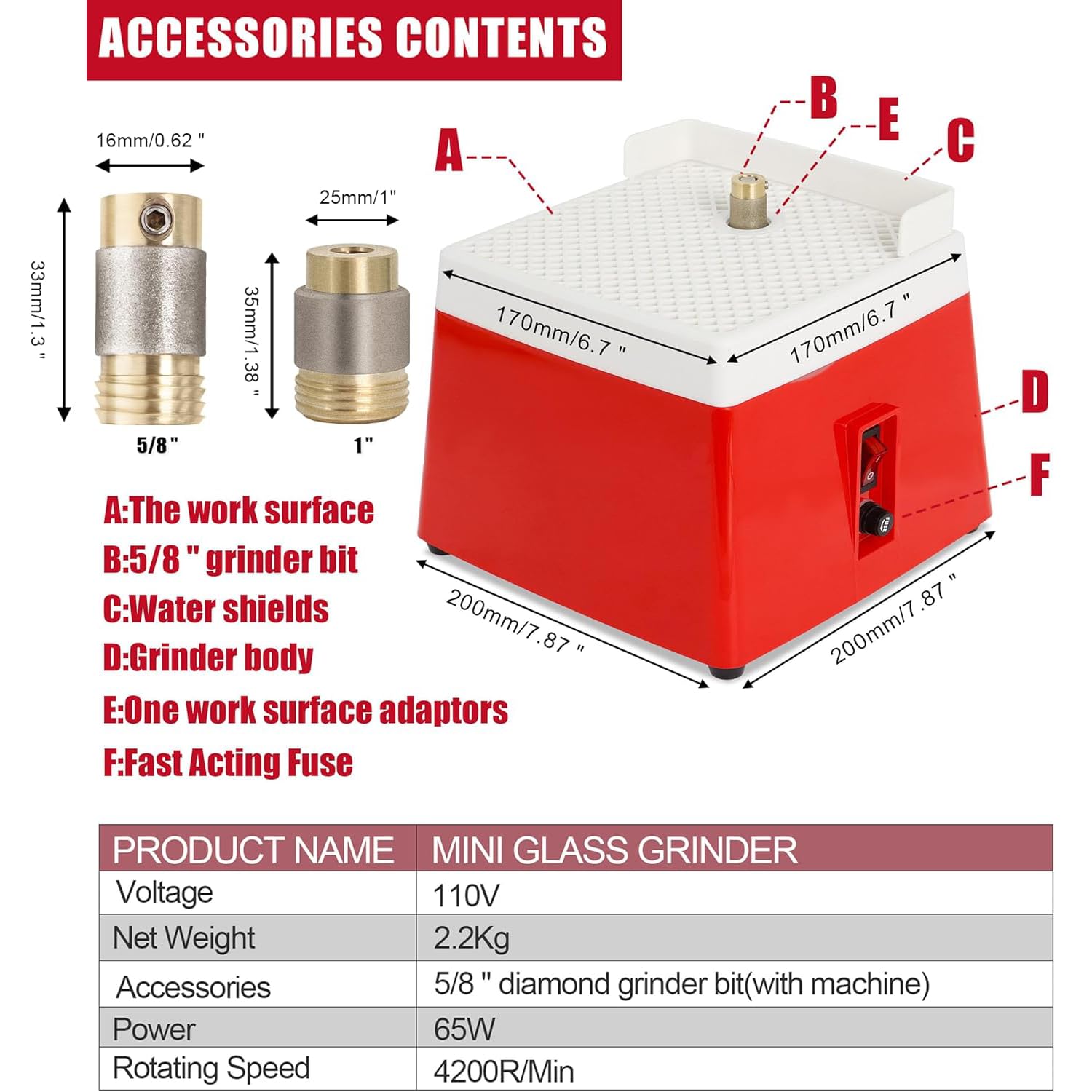 Diamond Grinder Bit for Glass & Ceramics - 110V Mini Power Industrial Grinding Tool with Stainless Steel Head (Red) - Perfect for Stained Glass Art, DIY Crafts & Jewelry Making
