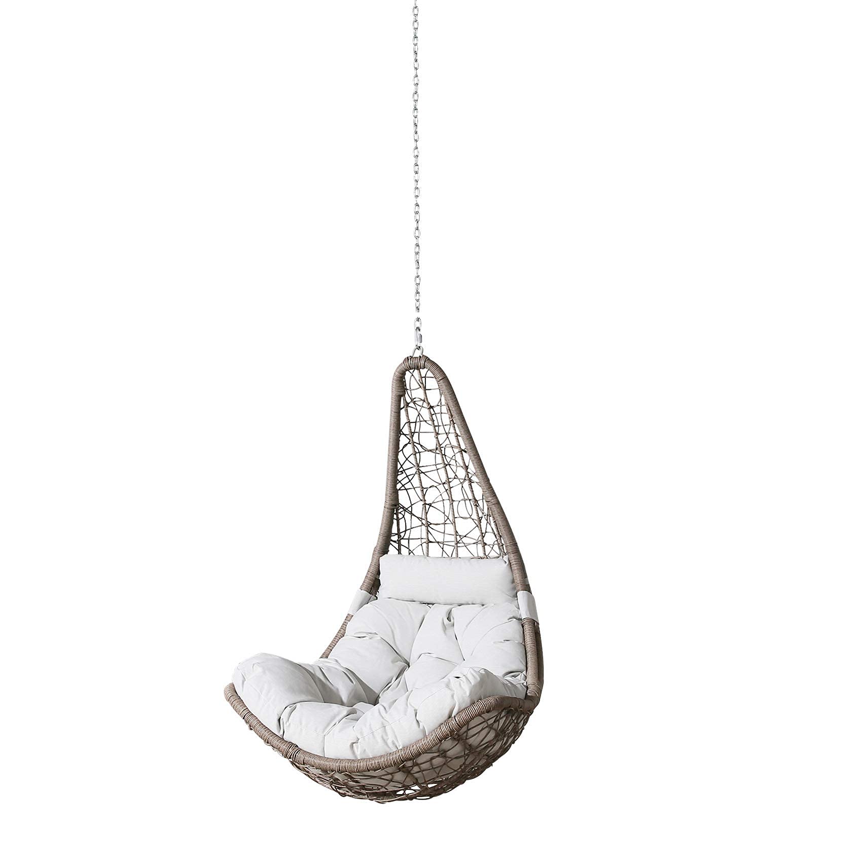 Ulax Outdoor Wicker Hanging Chair Swing - Patio Hanging Basket Swing Chair with Steel Chains, Beige - Perfect for Backyard, Garden, Porch & Balcony Relaxation