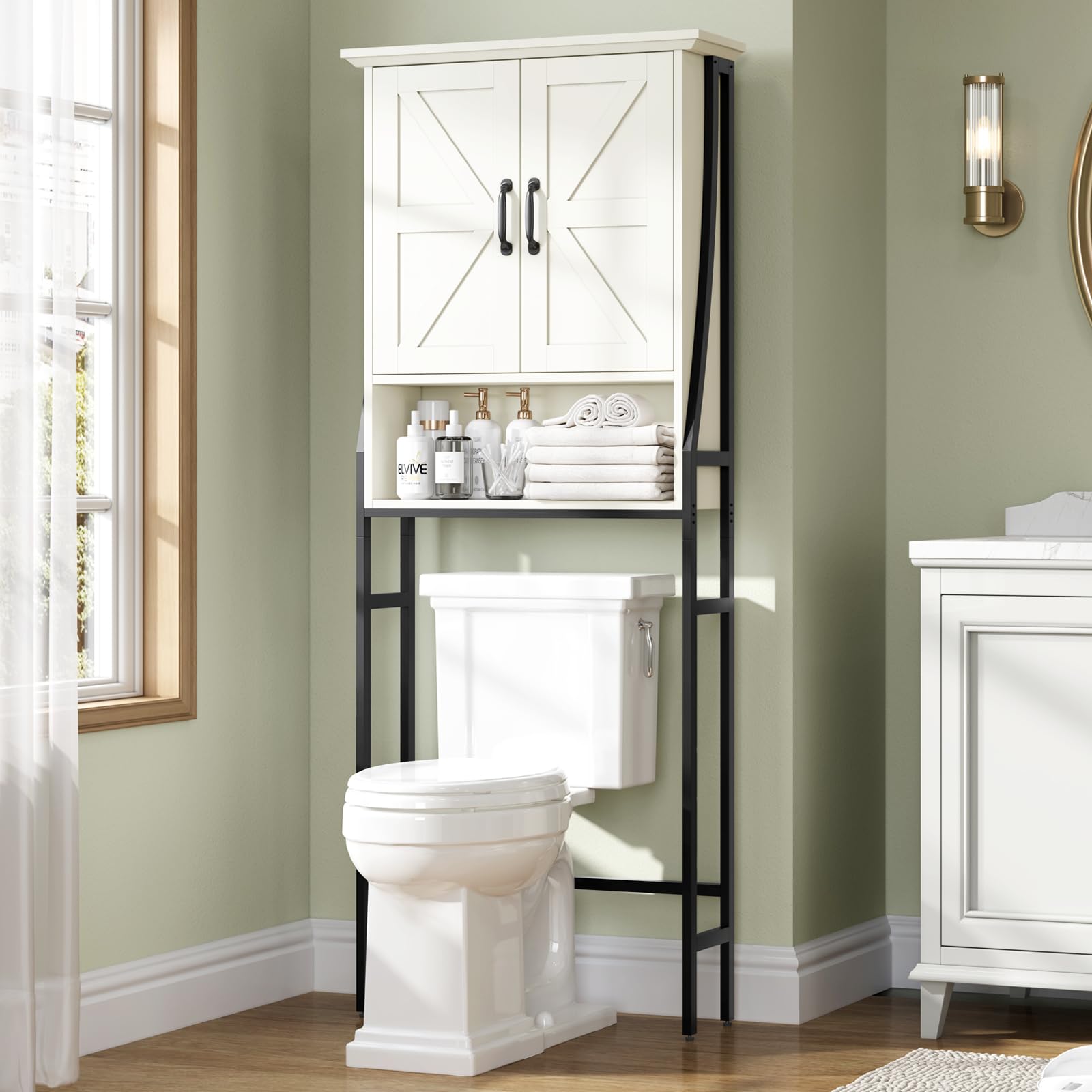 Over The Toilet Storage Cabinet with Barn Doors - White Bathroom Organizer Shelf for Towels, Toiletries & Decor - Space Saving Above Toilet Storage for Small Bathrooms & Apartments