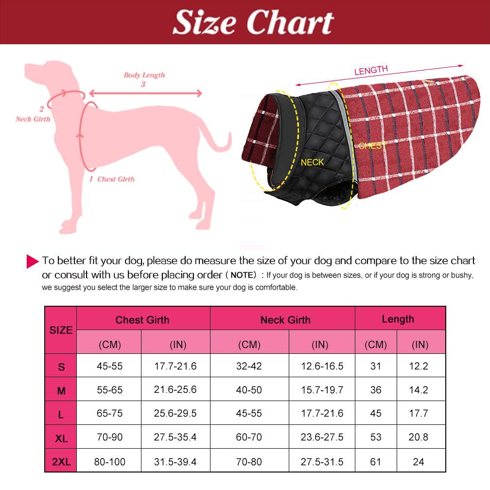 Waterproof Reversible Plaid Dog Jacket for Winter - Warm & Cozy Dog Vest for Small, Medium & Large Dogs (Red, Size M) - Perfect for Cold Weather Walks, Outdoor Adventures & Pet Fashion