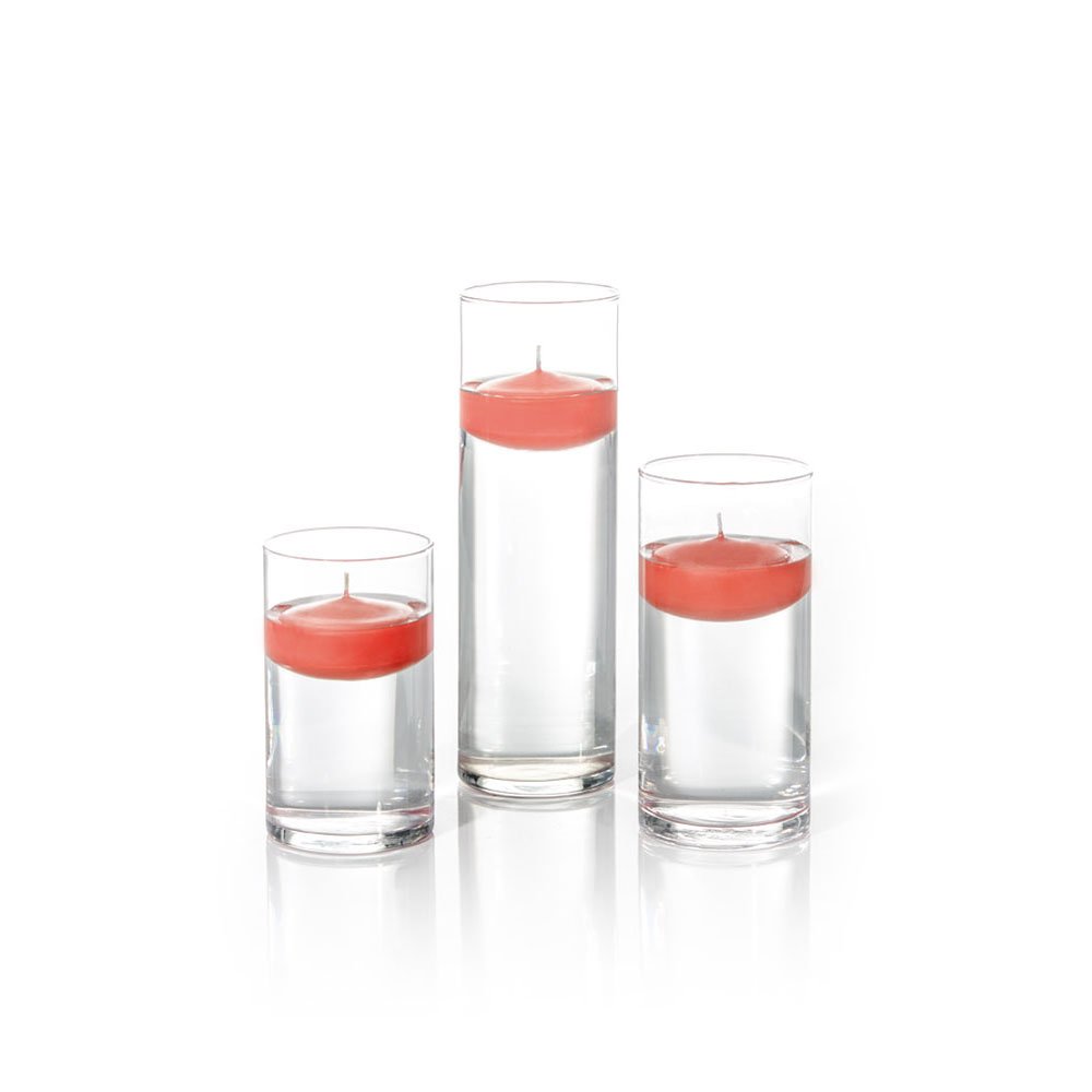 Yummi Set of 18 Floating Candles with Cylinder Vases - Elegant Brick Color for Wedding Centerpieces, Romantic Bath Decor & Tabletop Displays