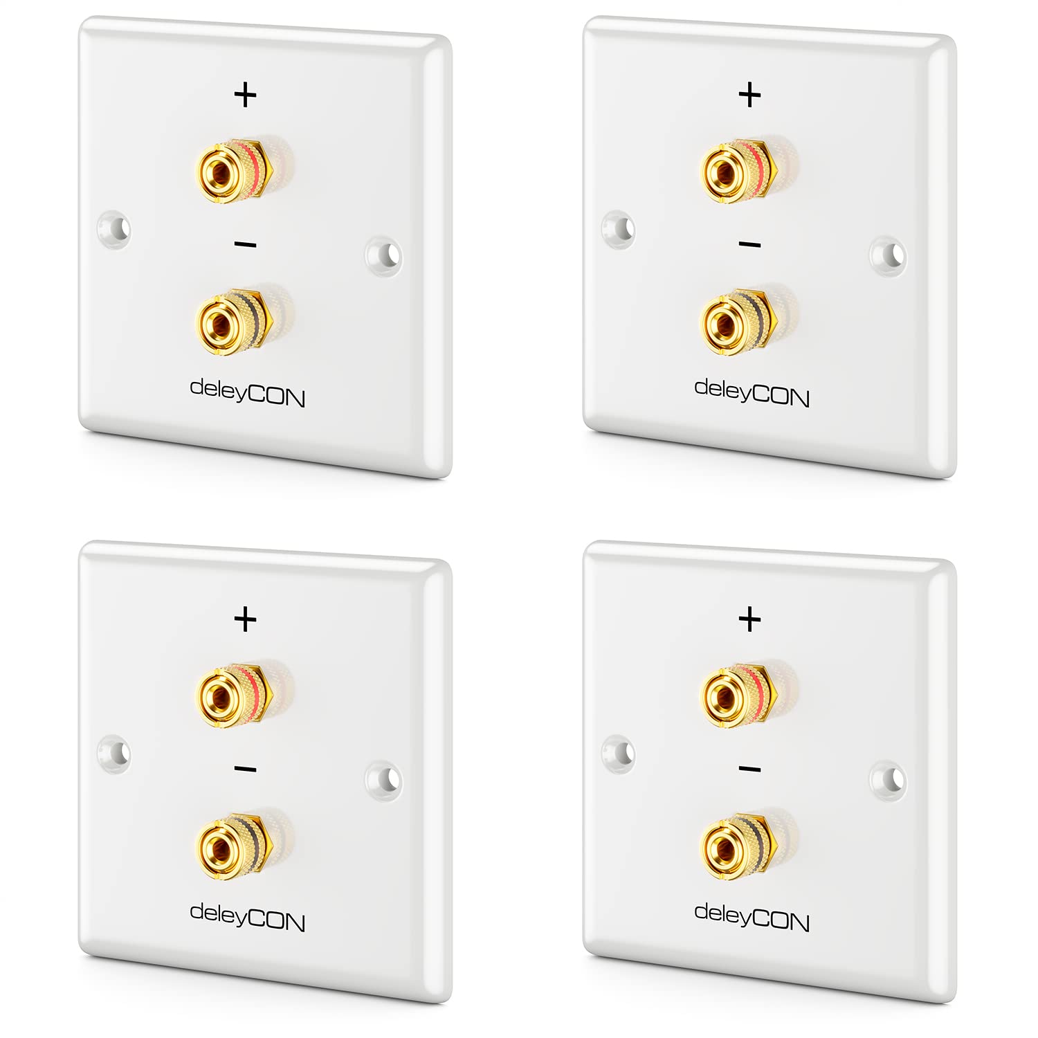 deleyCON 4-Pack Multimedia Wall Plate for Speaker - Red & Black Banana Plug Wall Socket - HiFi Surround Sound System for Home Theater & Audio Setup