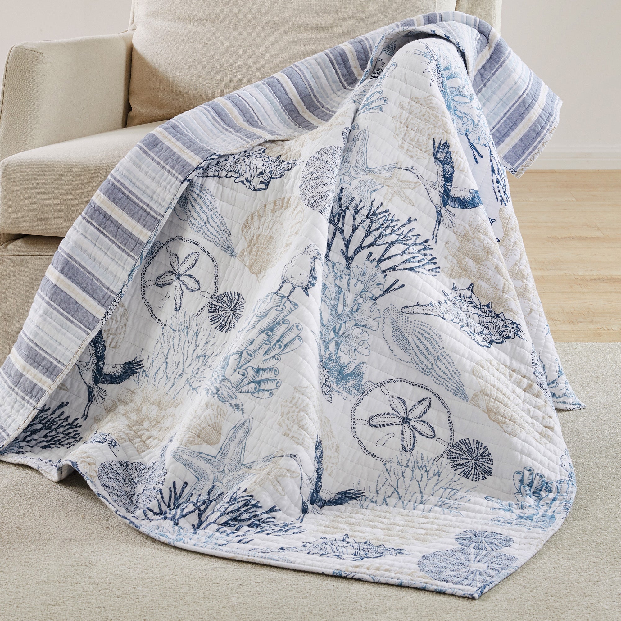 Serena Sea Quilted Throw Blanket - Soft Lightweight Bedspread for Couch, Sofa & Bed - Cozy Coastal Decor for Living Room, Bedroom & Beach House