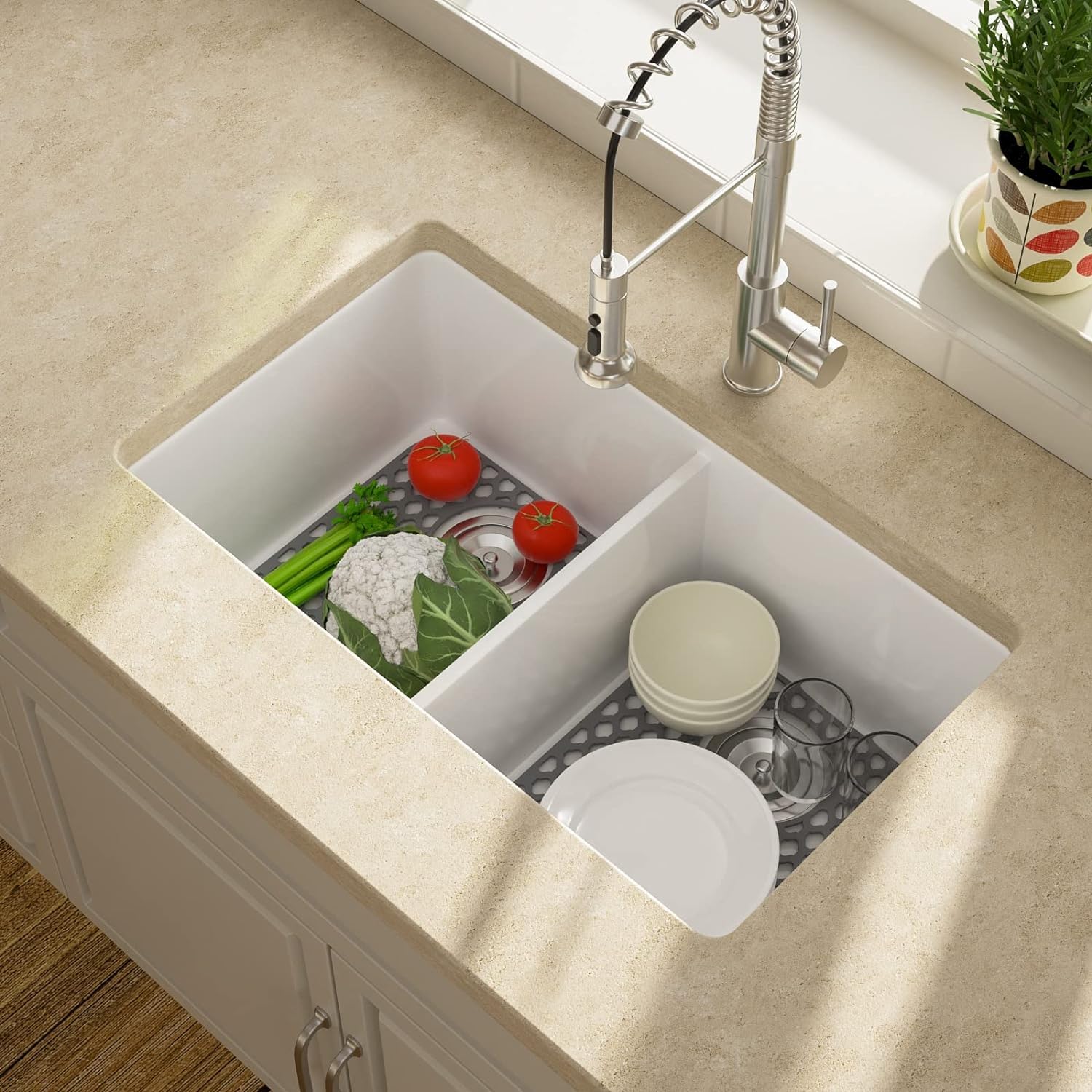 Wonninek Non-Slip Silicone Sink Mat (2-Pack) - Heat Resistant Kitchen Sink Protector with Drain Hole for Stainless Steel Farmhouse Sinks, 13.6x11.6 Inch Grey - Perfect for Dishwashing, Food Prep & Protecting Sink Bottom