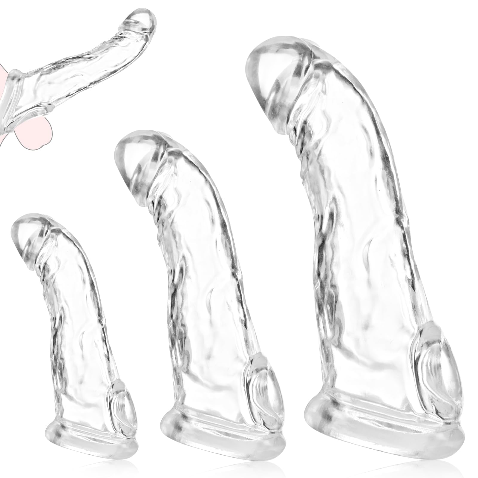 3 Sizes Reusable TPE Penis Sleeve Extender Set - Realistic Texture Penis Enlarger & Thickened Testicle Ring - Male Enhancement Sex Toy for Couples Play & Solo Pleasure - Transparent Design