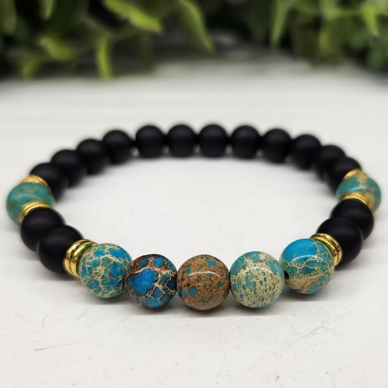 Ocean Blue Jasper & Black Matte Obsidian Beaded Bracelet for Calmness & Confidence | Stress Relief, Meditation & Spiritual Healing Jewelry