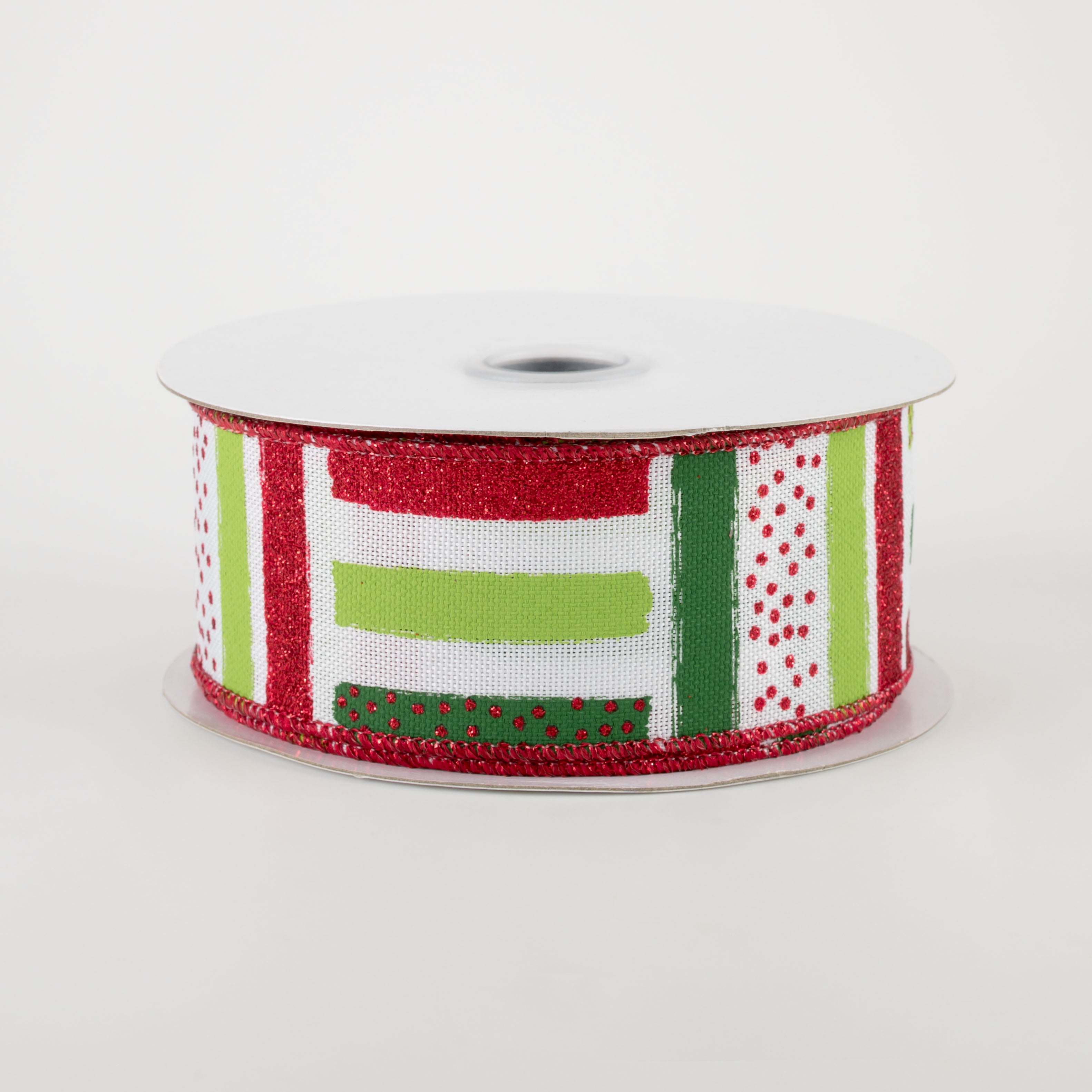 1.5 Inch Brush Stroke Stripes & Dots Ribbon - 10 Yards Bulk Roll for Gift Wrapping, Crafts, DIY Projects (White, Red, Lime, Emerald) - Perfect for Party Decorations, Scrapbooking & Hair Accessories