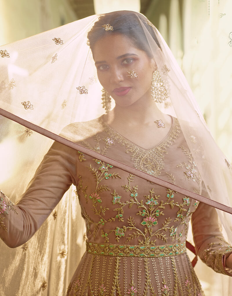 Elegant Beige Anarkali Style Gown Semi-Stitched Suits for Women - Perfect for Weddings, Parties & Festive Occasions