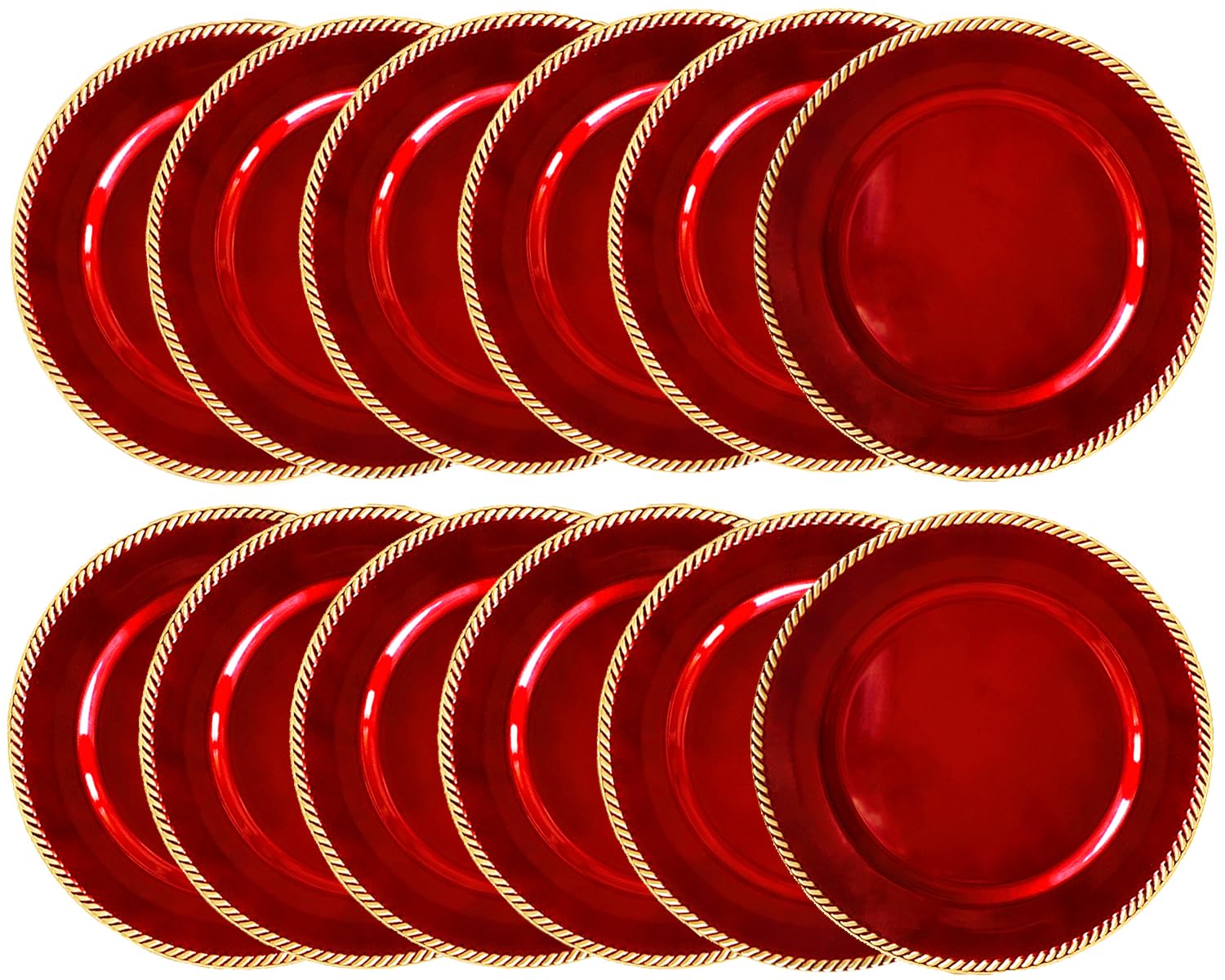 12-Piece Red Plastic Beaded Charger Plates - 13 Inch Round Decorative Dinner Plates for Weddings, Christmas, Events & Tabletop Decor - Elegant Place Settings for Holiday Parties, Banquets & Formal Dining