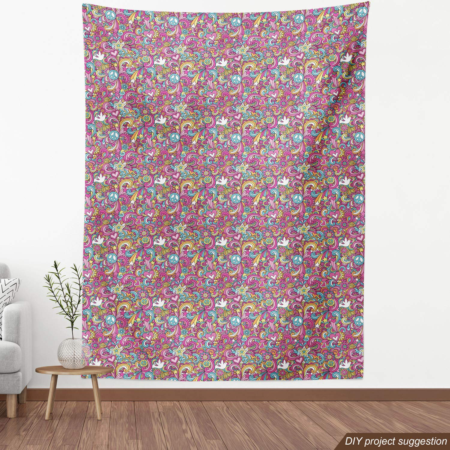 Lunarable 1960s Psychedelic Groovy Peace Notebook Doodle Fabric - 10 Yards Fuchsia Pink Upholstery Material for Sofa, Curtains & Home Decor | Retro Hippie Style Bedding, Pillows & DIY Craft Projects
