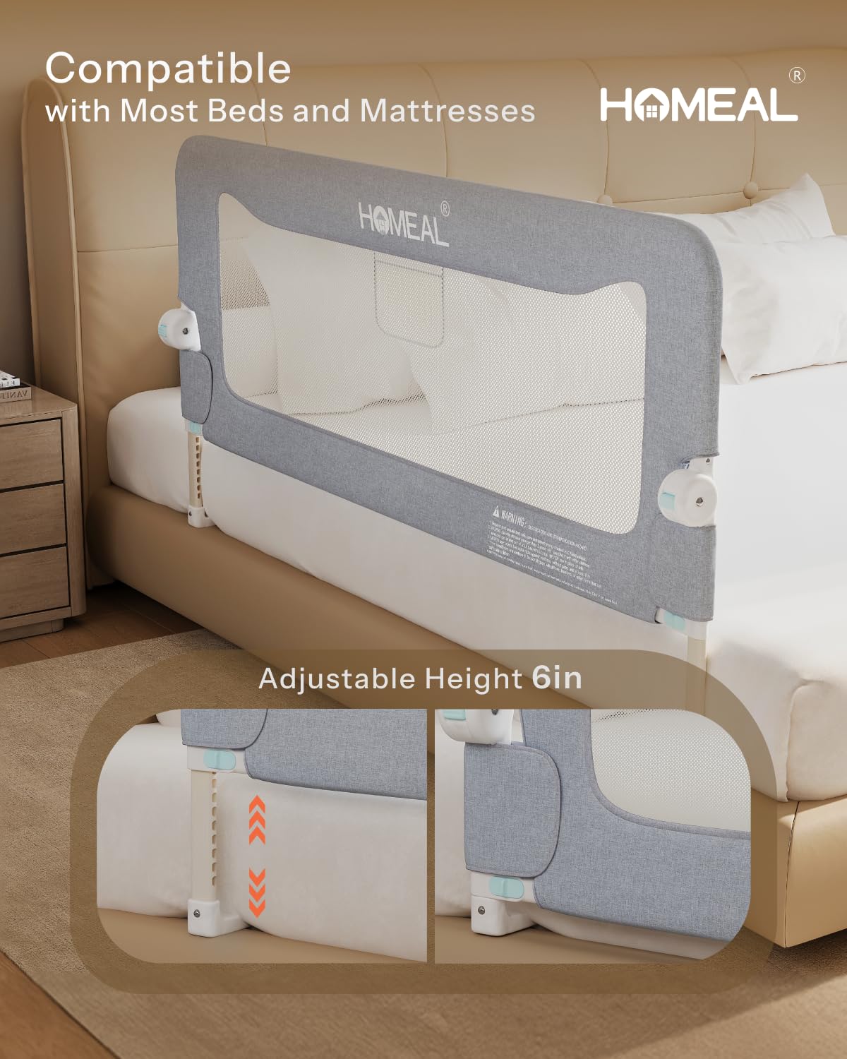 Foldable 32in Toddler Bed Rail with U-Shape Base - Safety Bed Guard for Twin, Full, Queen & King Size Beds - HOMEAL Baby Bed Rail for Toddlers (Grey) - Perfect for Nighttime Safety and Preventing Falls