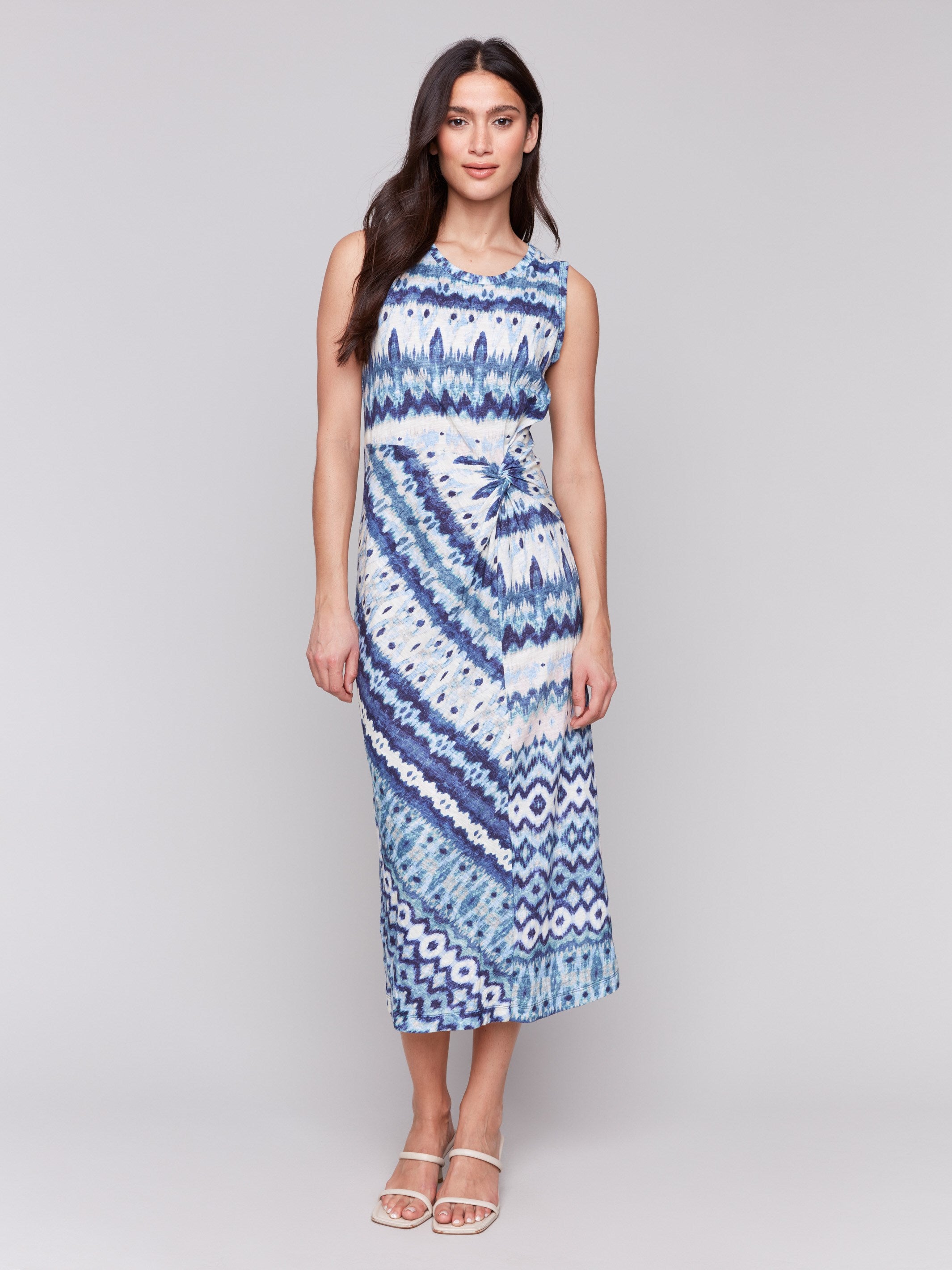 Sleeveless Cotton Summer Dress with Faux Knot Detail - Women's Casual Flowy Beach Dress for Vacation, Lake Tahoe Trip, and Outdoor Activities