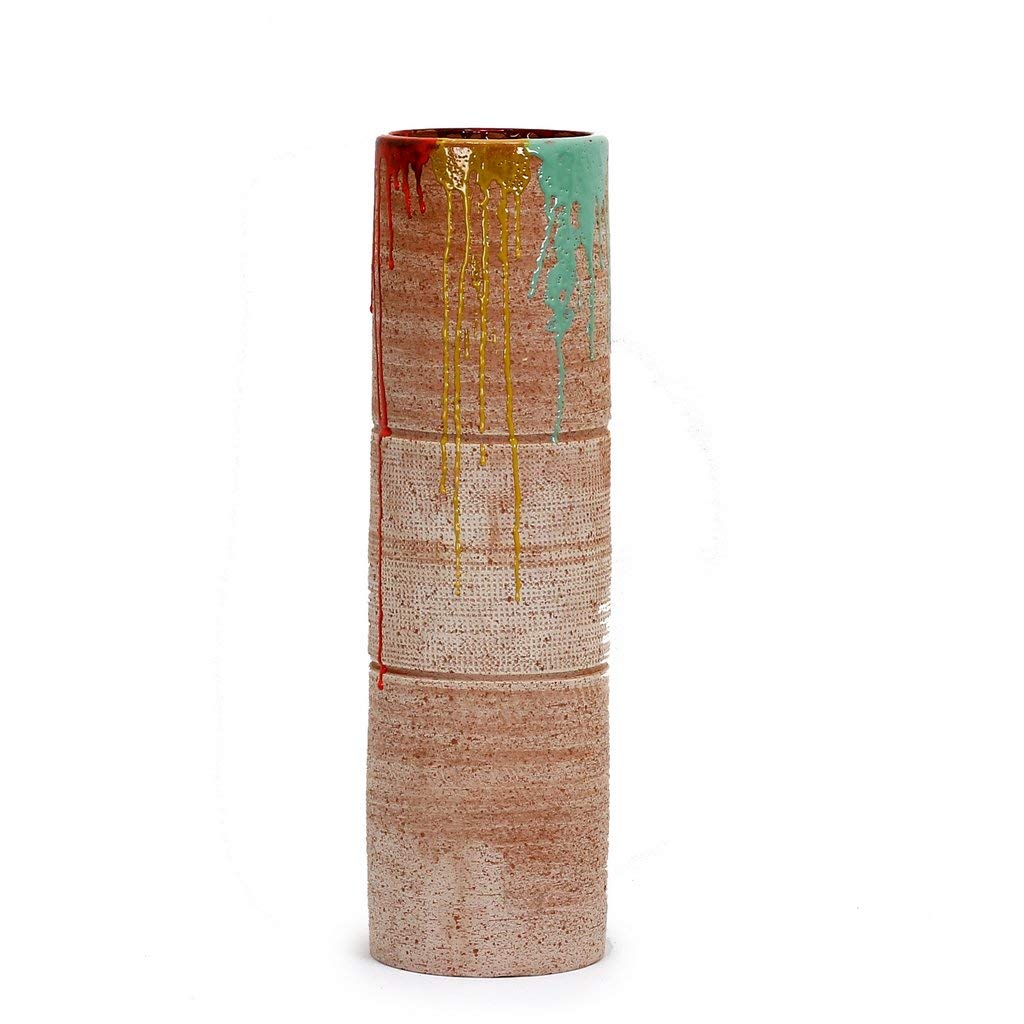 SCAVO CONTEMPO Tall Cylindrical Terracotta Vase with Multicolor Paint Drips - Perfect for Modern Home Decor, Wedding Centerpieces & Boho Chic Interiors