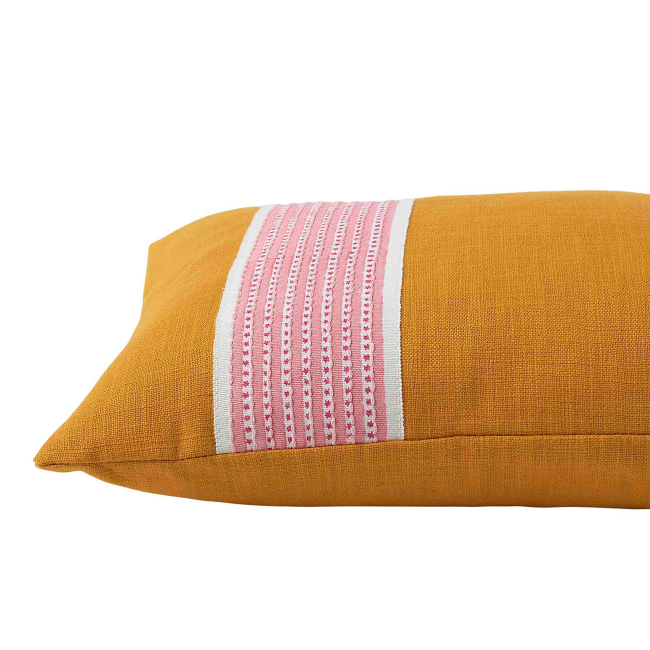 Organic Turmeric Cotton Cushion with Stripe & Dot Design - Pink Tape Trim - Perfect for Sofa, Bedroom Decor and Boho Home Styling