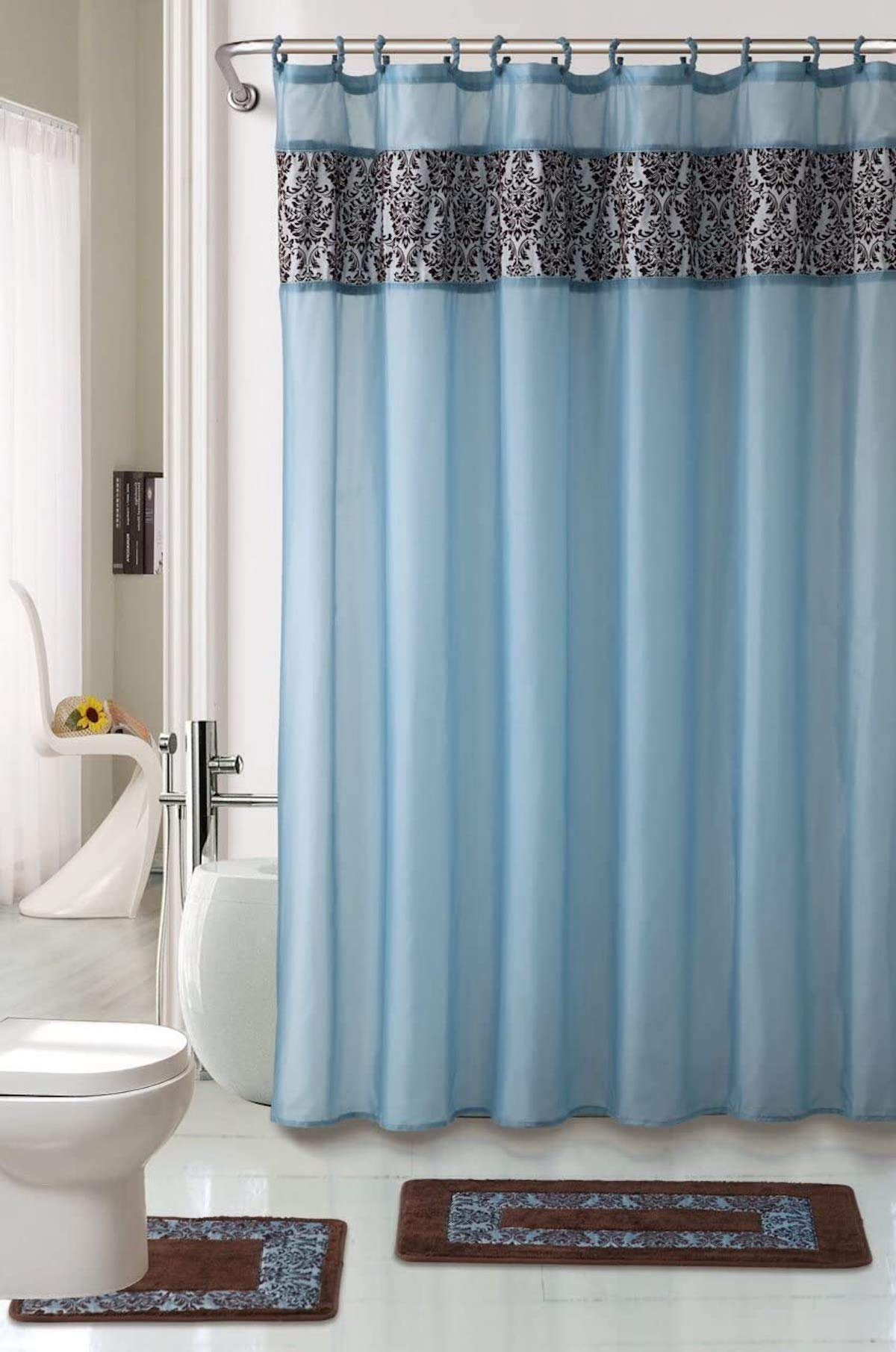 Luxury 4-Piece Majestic Flocking Blue Bath Rug Set - Soft Bathroom Rugs with Matching Shower Curtain & Rings for Elegant Home Decor | Perfect for Master Bathroom, Guest Suite & Spa-Style Retreats
