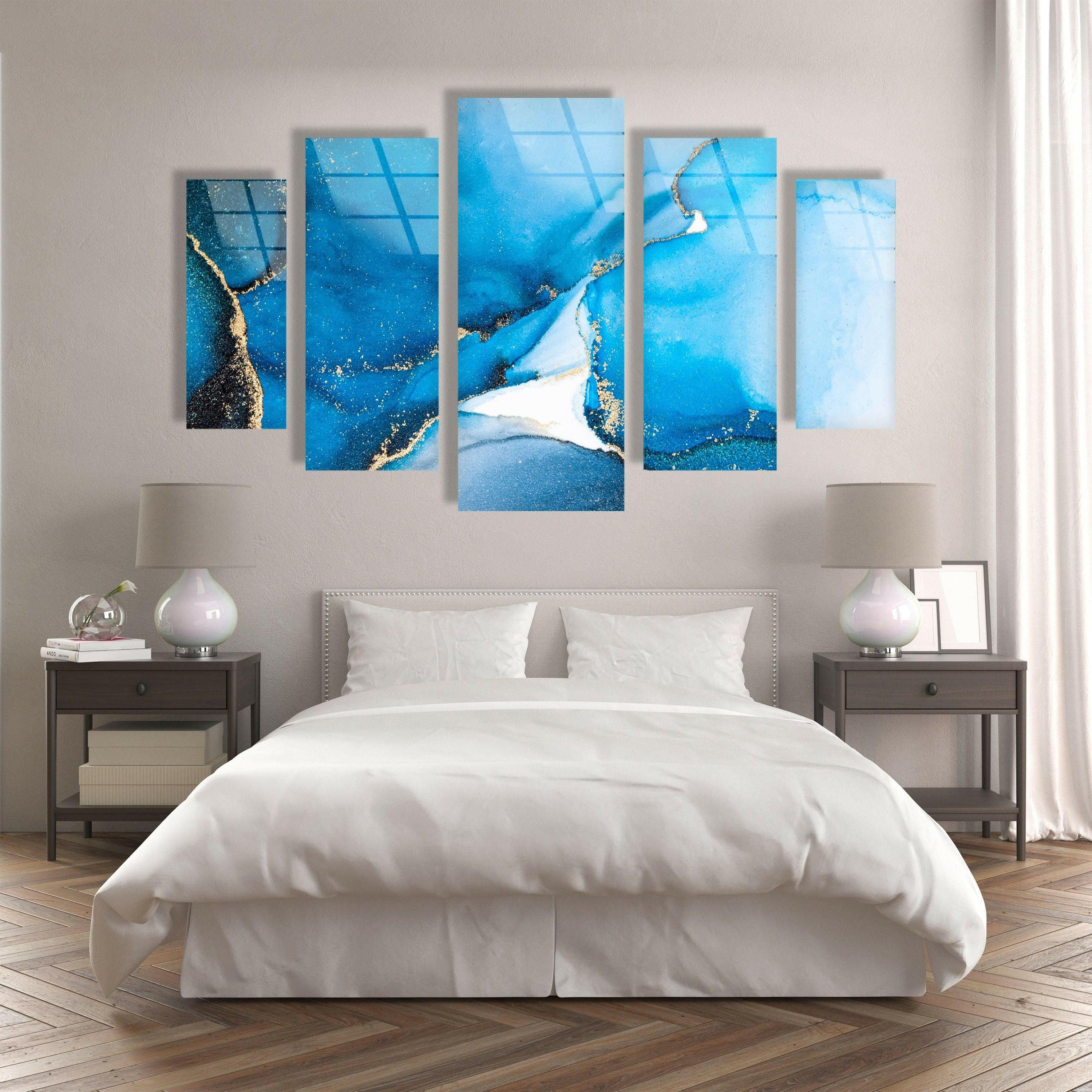 Blue Marbled Alcohol Ink Abstract Glass Wall Art - Handmade Modern Home Decor for Living Room, Bedroom, Office | Unique Gift Idea for Housewarming & Wedding
