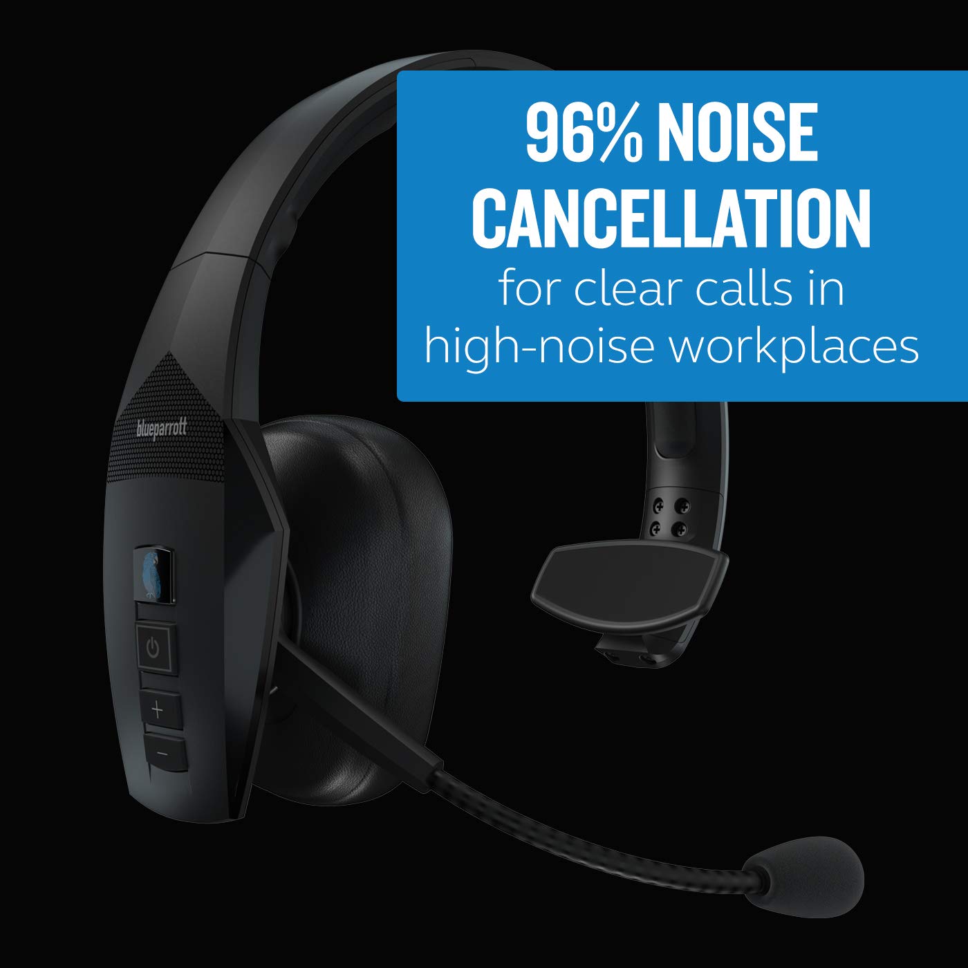 BlueParrott B550-XT Mono Bluetooth Wireless Headset with 96% Noise Cancellation - Over-Ear Trucker Headphones with Mic, 100% Voice Control, IP54 Waterproof Rating, 24-Hour Battery Life (Black) - Perfect for Truck Drivers, Call Centers & Noisy Work Environments