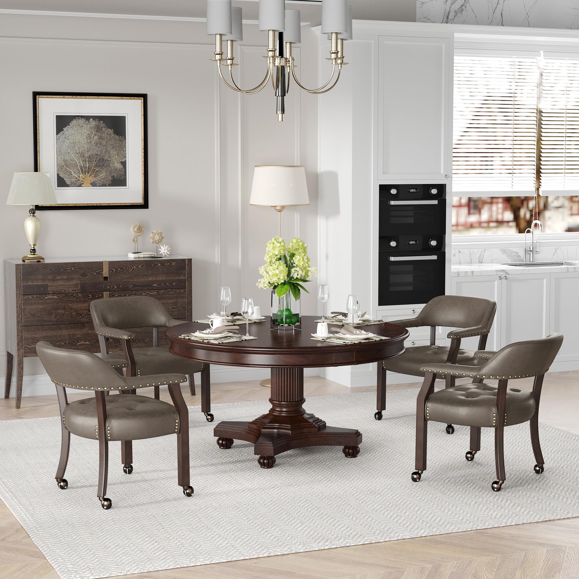 LEEMTORIG Rolling Dining Chairs with Arms - Espresso Wooden Captains Chairs with Casters for Kitchen, Poker Table, Office & Game Room - Dark Brown SY-318-DK - Perfect for Entertaining & Comfortable Seating