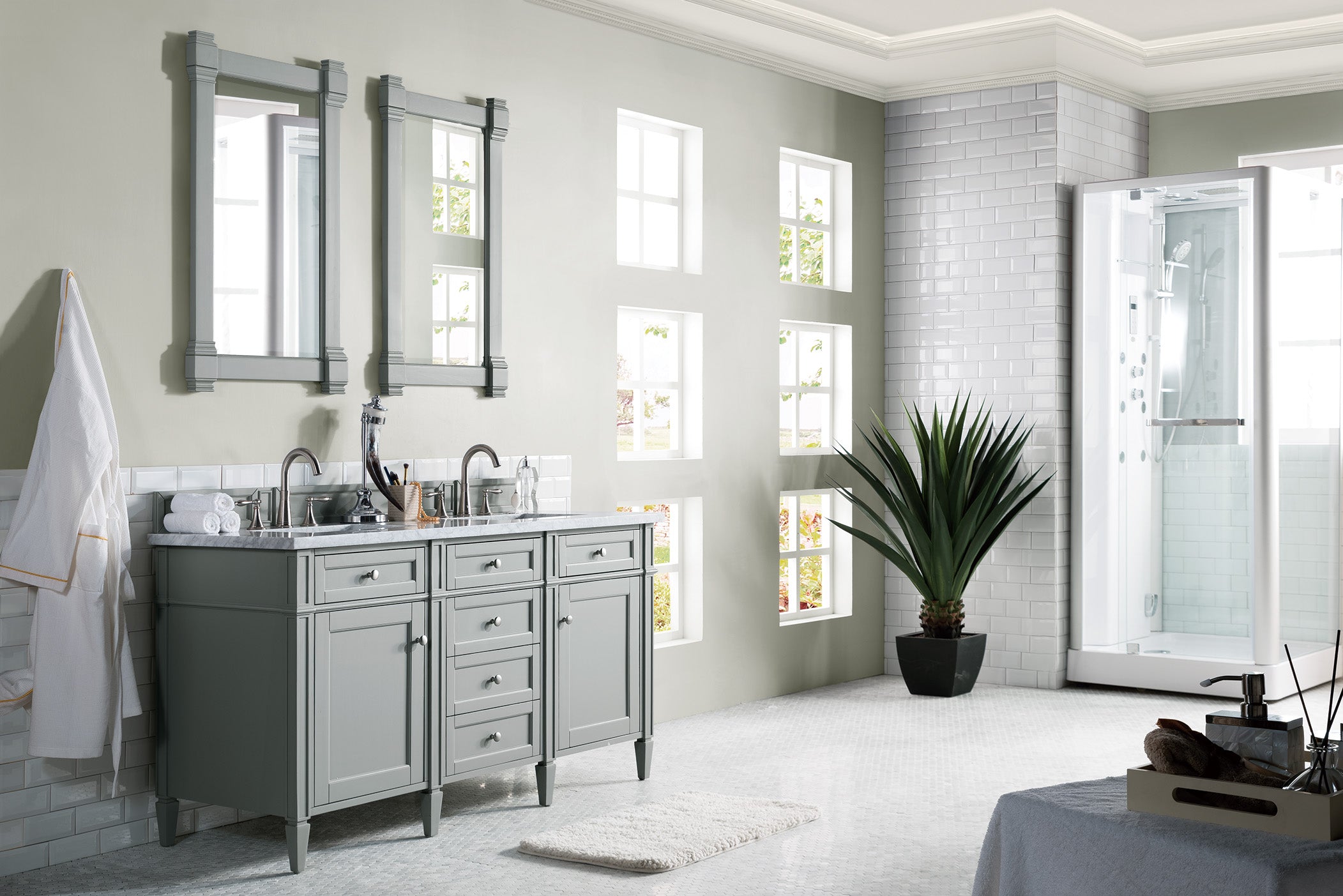 Brittany 60-Inch Urban Gray Double Vanity with 3CM Carrara Marble Top – Modern Bathroom Vanity for Master Bath & Guest Bathroom