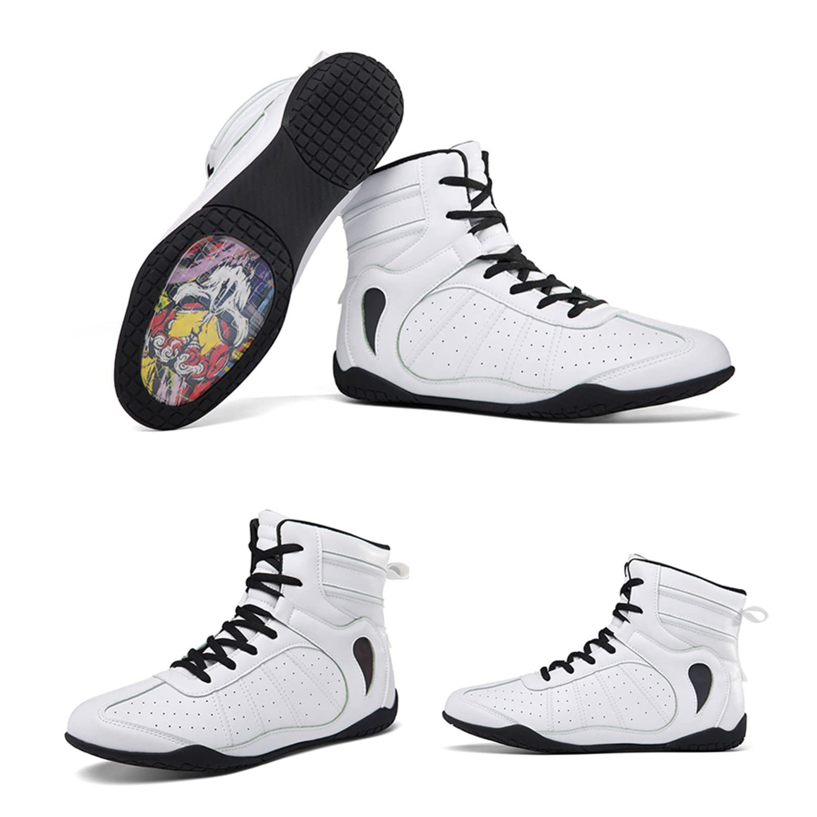 EMDPBD Men's & Youth Boxing Shoes - Lightweight High Top Kickboxing Boots for Training & Fighting Sports - Breathable Mesh Design (White, Size 7) | Perfect for MMA, Muay Thai, Boxing Gyms & Competition