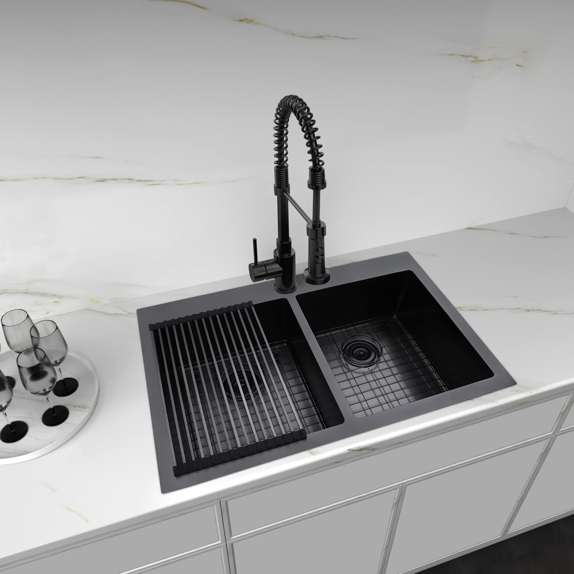 Premium 33 x 22 Inch Black Stainless Steel Double Bowl Kitchen Sink - 16 Gauge Drop-in/Top-up Mount for Modern Kitchens - Ideal for Meal Prep, Dishwashing & Entertaining