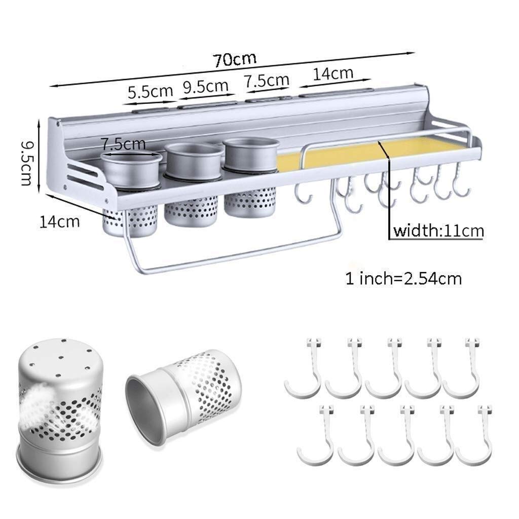 Wall Mounted Kitchen Storage Shelf - Multifunctional Pot Pan Rack with Bottle Holder & Silverware Hooks - 70cm Space-Saving Organizer for Pots, Utensils & Spices - Perfect for Small Kitchens & Pantry Organization