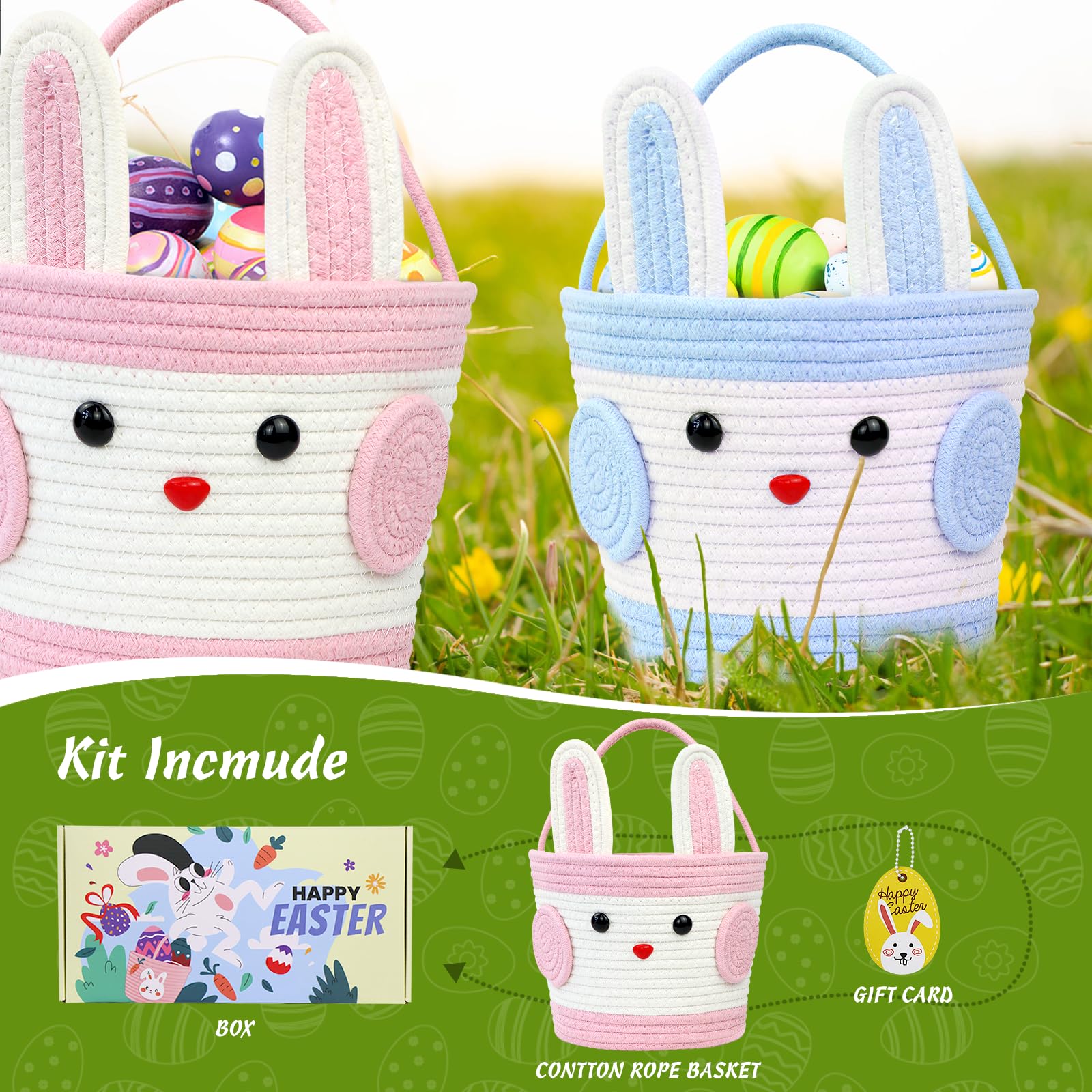 Easter Basket for Kids - 10.2 x 7.9 x 7.5 Inch Large Woven Easter Basket with Handle, Bunny Egg Basket for Boys Girls Toddlers (Pink) - Perfect for Easter Egg Hunts, Party Favors, and Spring Decorations