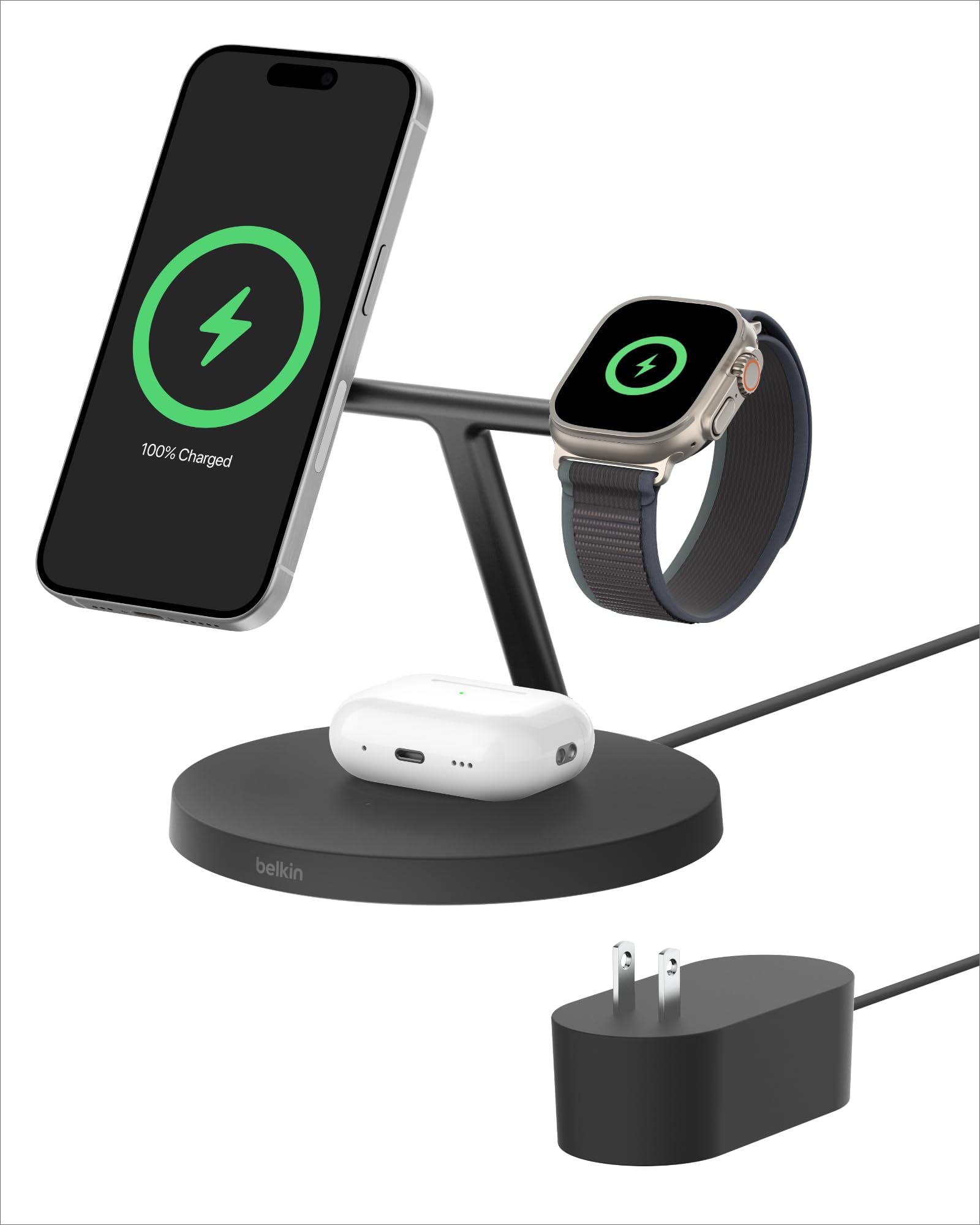 Belkin MagSafe-Compatible 3-in-1 Wireless Charging Station | Qi2-Certified 15W Fast Charger for iPhone 16 Series, Apple Watch & AirPods | Non-Slip Base with 40W Power Adapter | Perfect for Home, Office & Travel (Black)