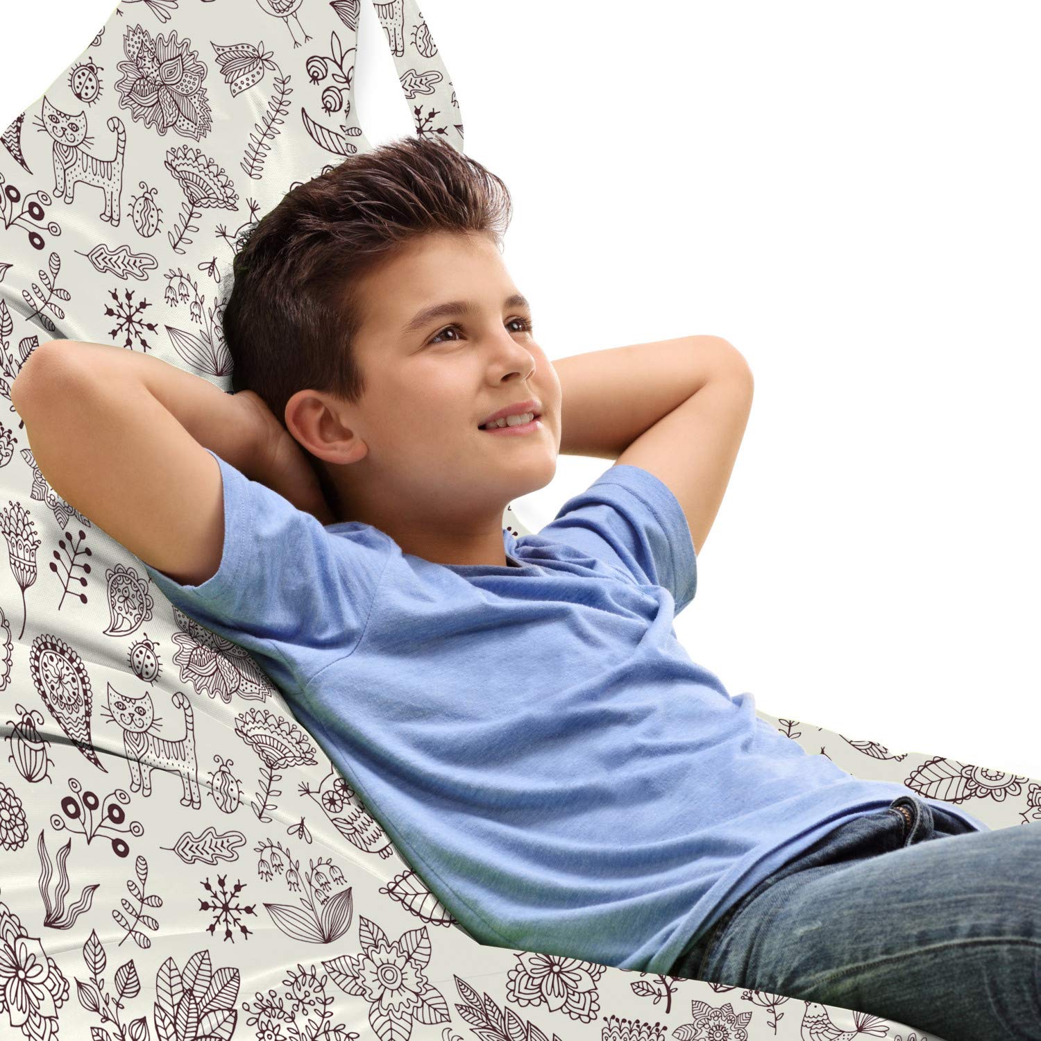 Ambesonne Playroom Lounger Chair Bag - Nature Themed Owl Cat Bird Bluebells Tulips Leaves Doodle Art - High Capacity Storage Organizer with Handle - Dark Brown & White - Perfect for Kids' Room, Nursery, or Playroom Organization