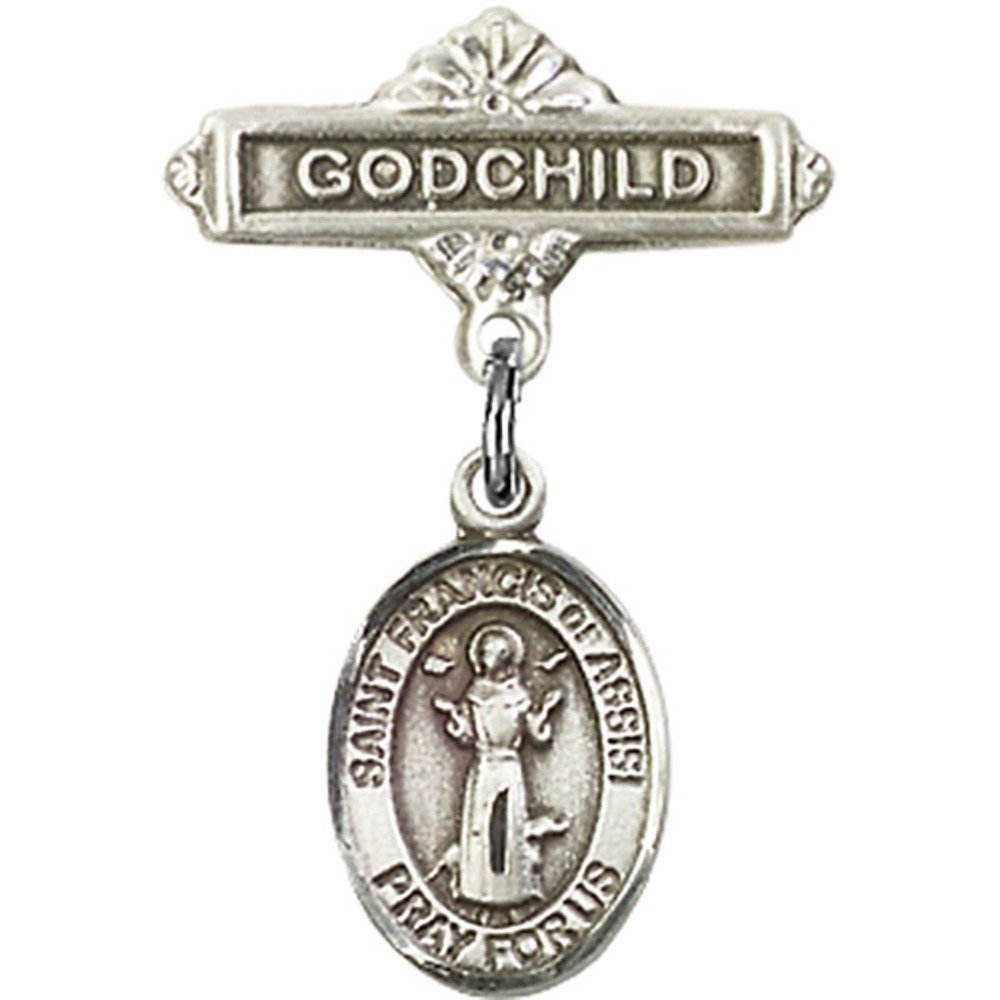 St. Francis of Assisi Sterling Silver Baby Badge & Godchild Pin - 1 X 5/8 Inch - Perfect for Christenings, Baptisms & Religious Gifts