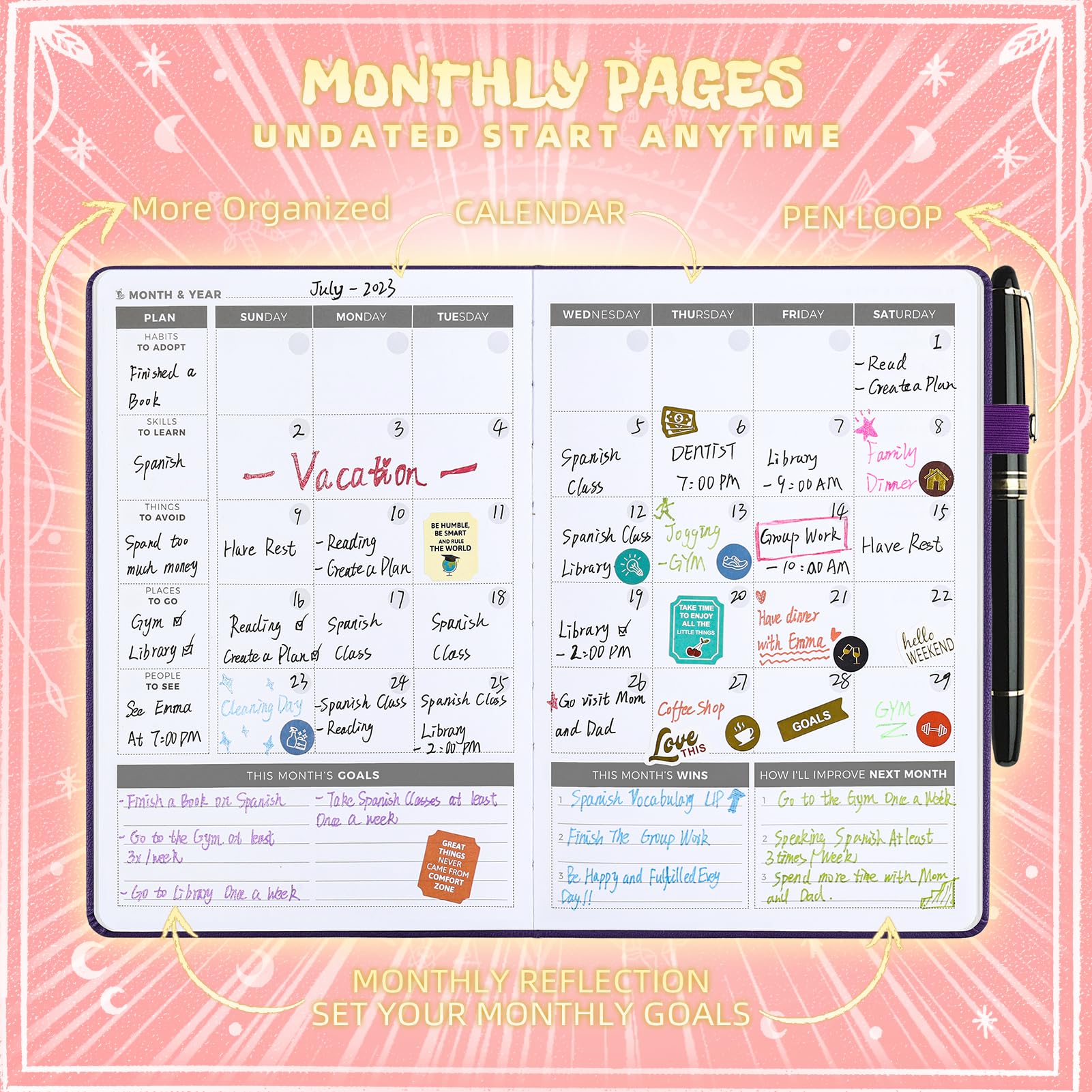 Ospelelf 2025 Leather Undated Daily Planner (5.5 x 8.5'') - Weekly & Monthly Life Organizer, Productivity Journal Notebook with Stickers, A5 Hardcover (Pink) | Perfect for Work, School, Goal Tracking & Personal Planning