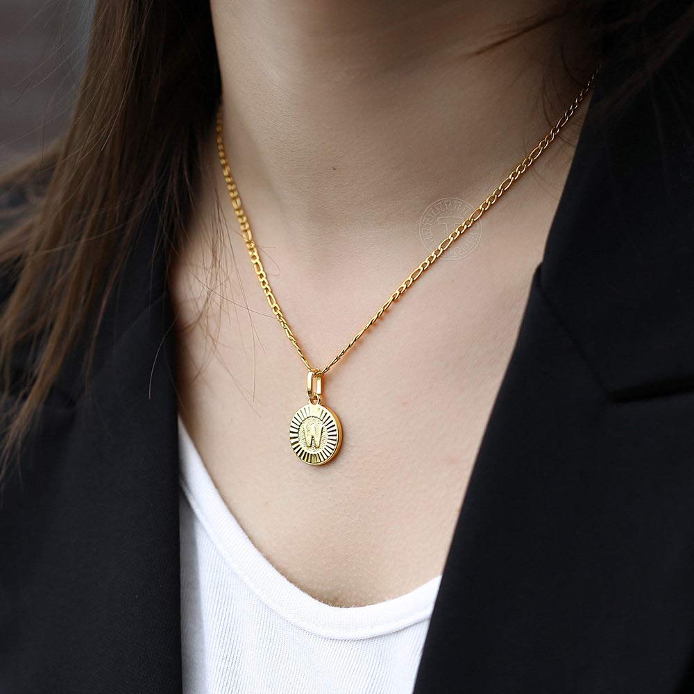 Trendsmax Gold Plated Initial Necklace for Women - Round Letter Pendant A-Z with Figaro Chain, Perfect for Birthday Gifts, Anniversary Presents & Everyday Jewelry