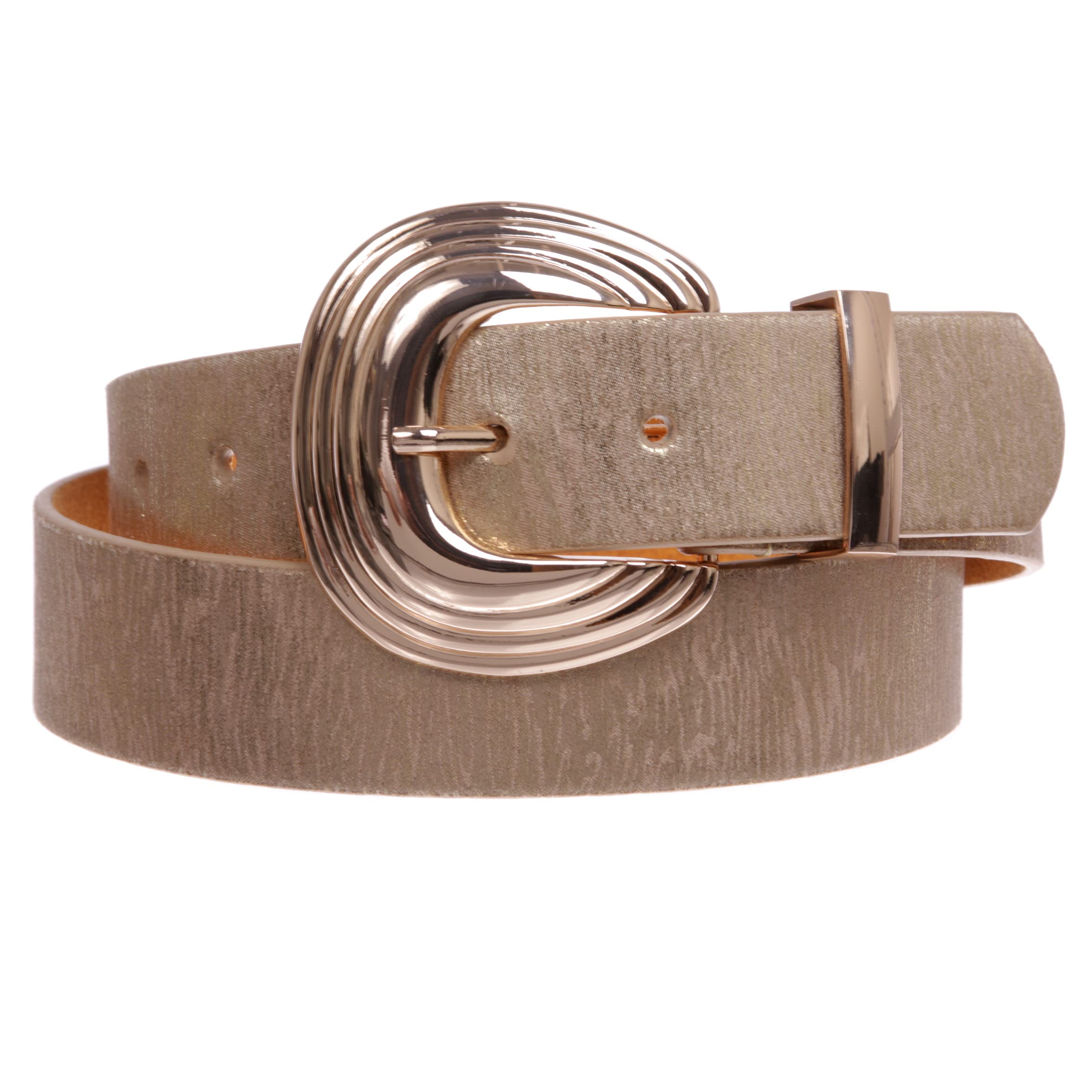 Women's Gold Accent Shell Buckle Shimmer Leather Belt - Elegant Waist Accessory for Dresses, Jeans & Office Wear