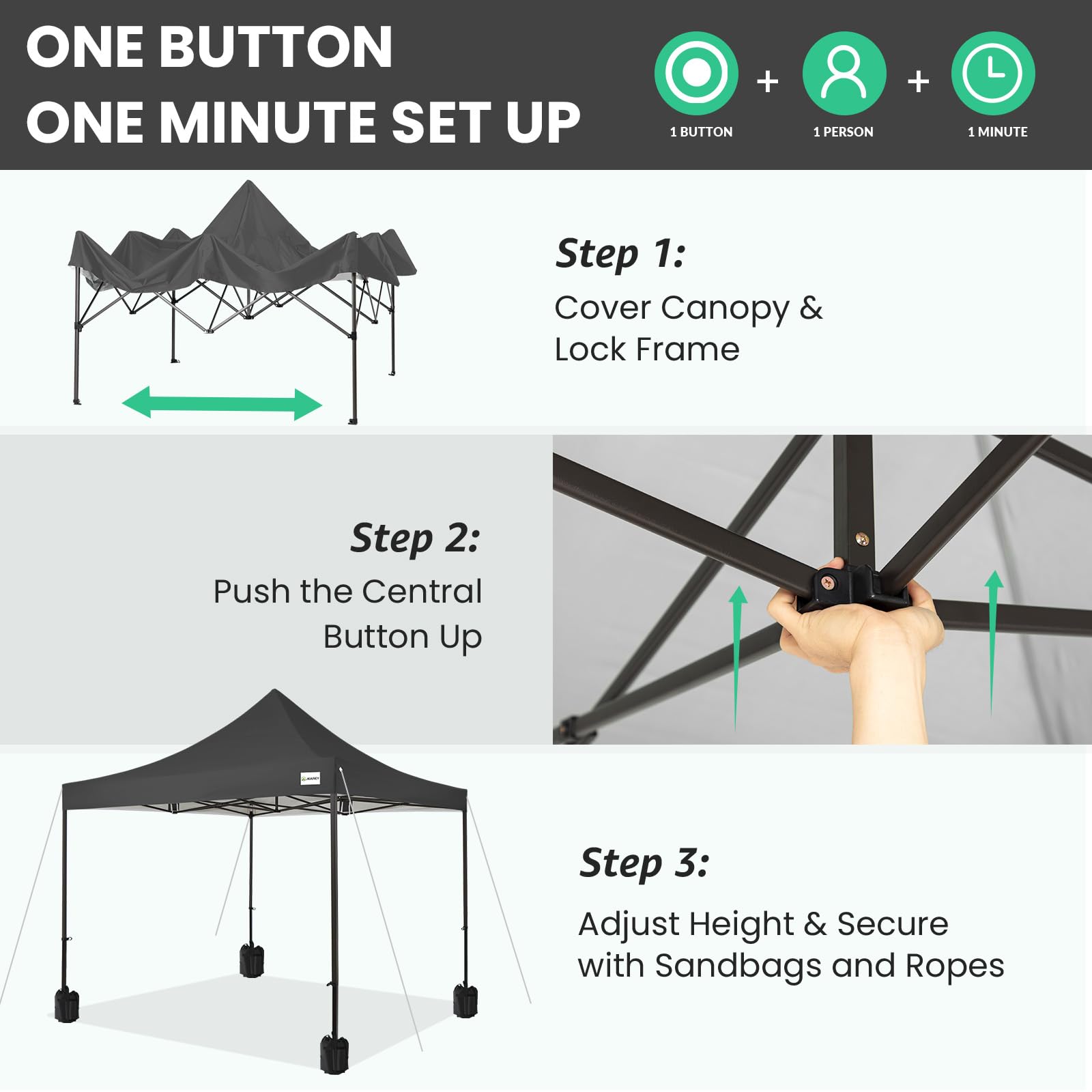 Upgraded 10x10 Pop Up Canopy Tent - Heavy Duty Outdoor Canopy with Roller Bag & 4 Sand Bags (Black) - Perfect for Camping, Beach Parties, Picnics, and Outdoor Events
