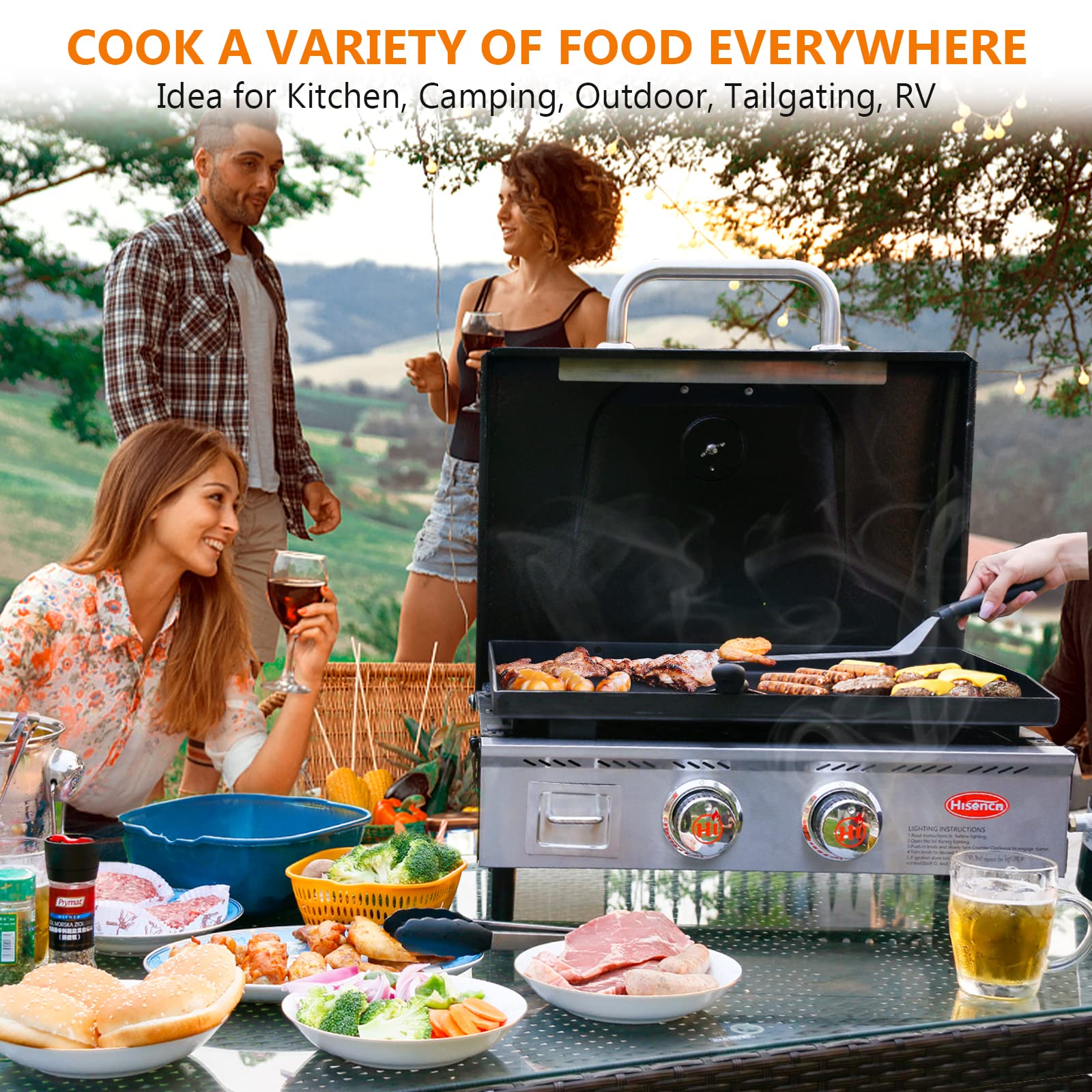 Hisencn 22 Inch Nonstick Camping Griddle - 369 sq. in. Cooking Surface, 24000 BTUs, Portable Outdoor Griddle for Gas Grill with Hood & Carry Bag - Perfect for Tailgating, RV, Camping, Picnics & Backyard BBQs