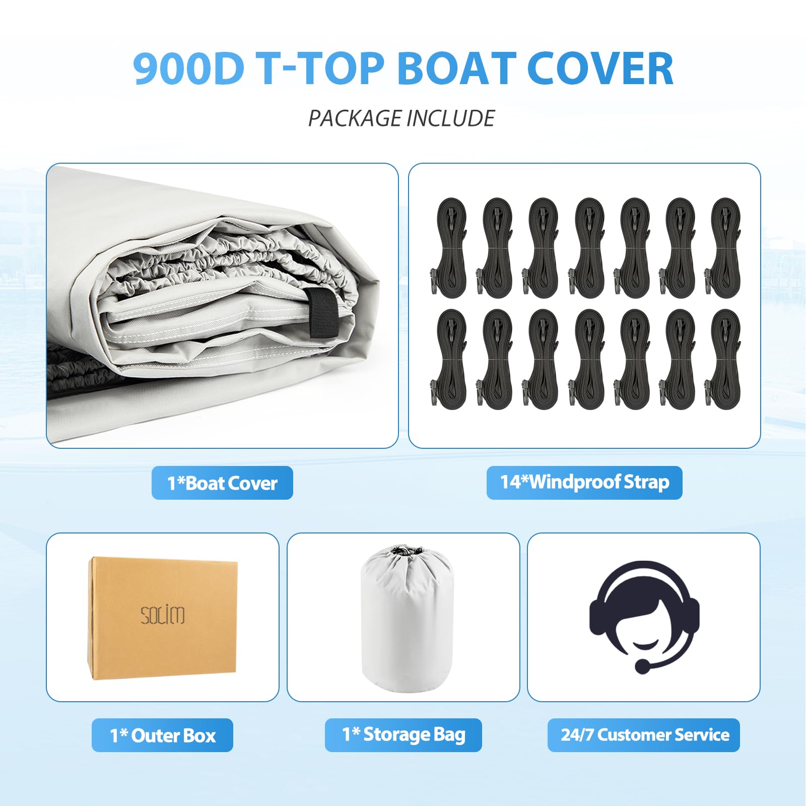 Solim Heavy Duty 900D Waterproof Boat Cover for 22'-24' Center Console Boats with T-Top - UV Resistant Marine Grade Canvas Storage Cover with Straps | Perfect for Boat Storage, Trailering & Outdoor Protection