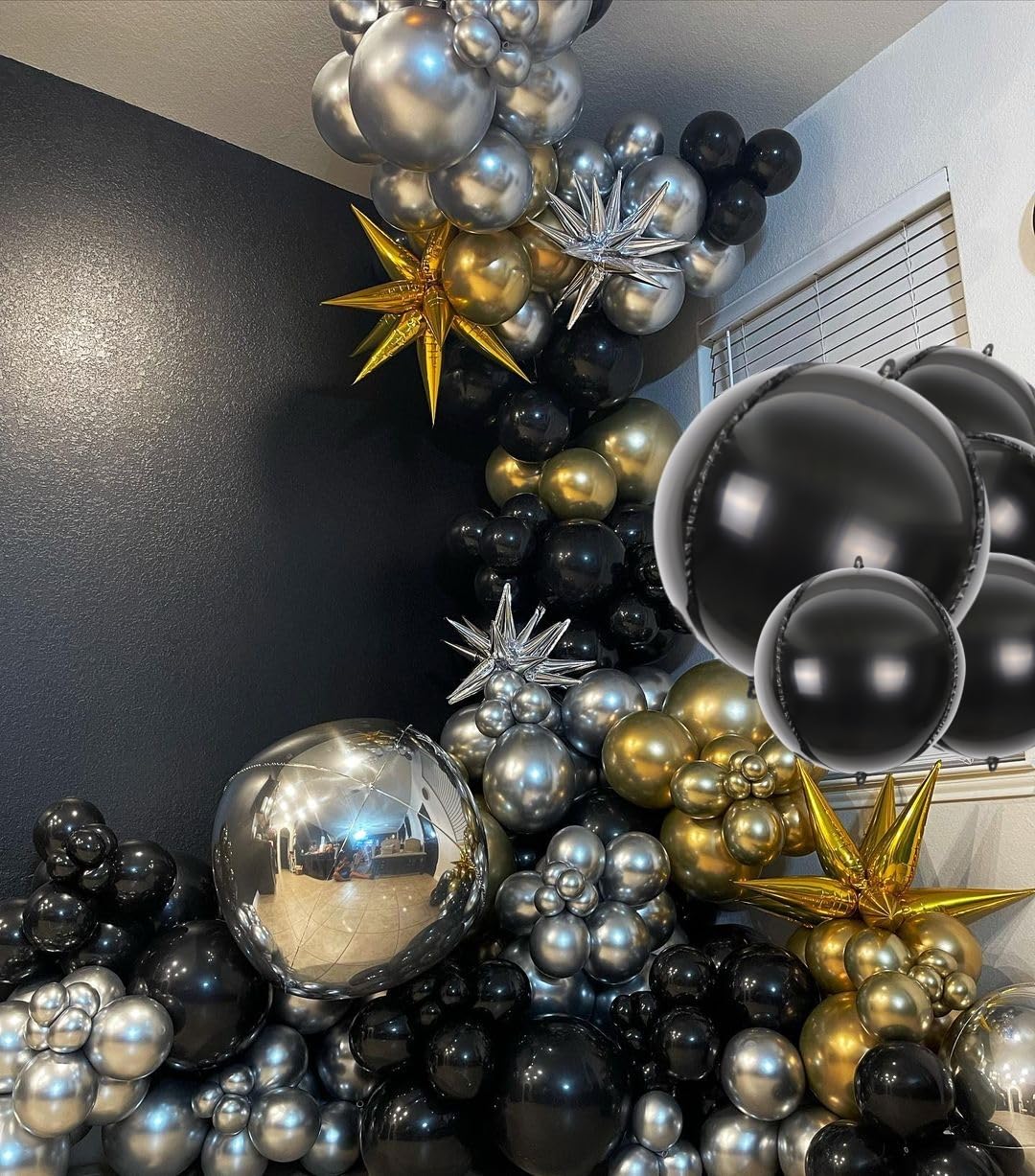14pcs Black Foil Balloons Set - 22in, 15in, 10in Mylar Balloons for Party Decorations | Large Metallic Chrome Balloons for Birthday, Wedding, Anniversary & Graduation Events | 360 Degree 4D Round Helium Balloon Kit
