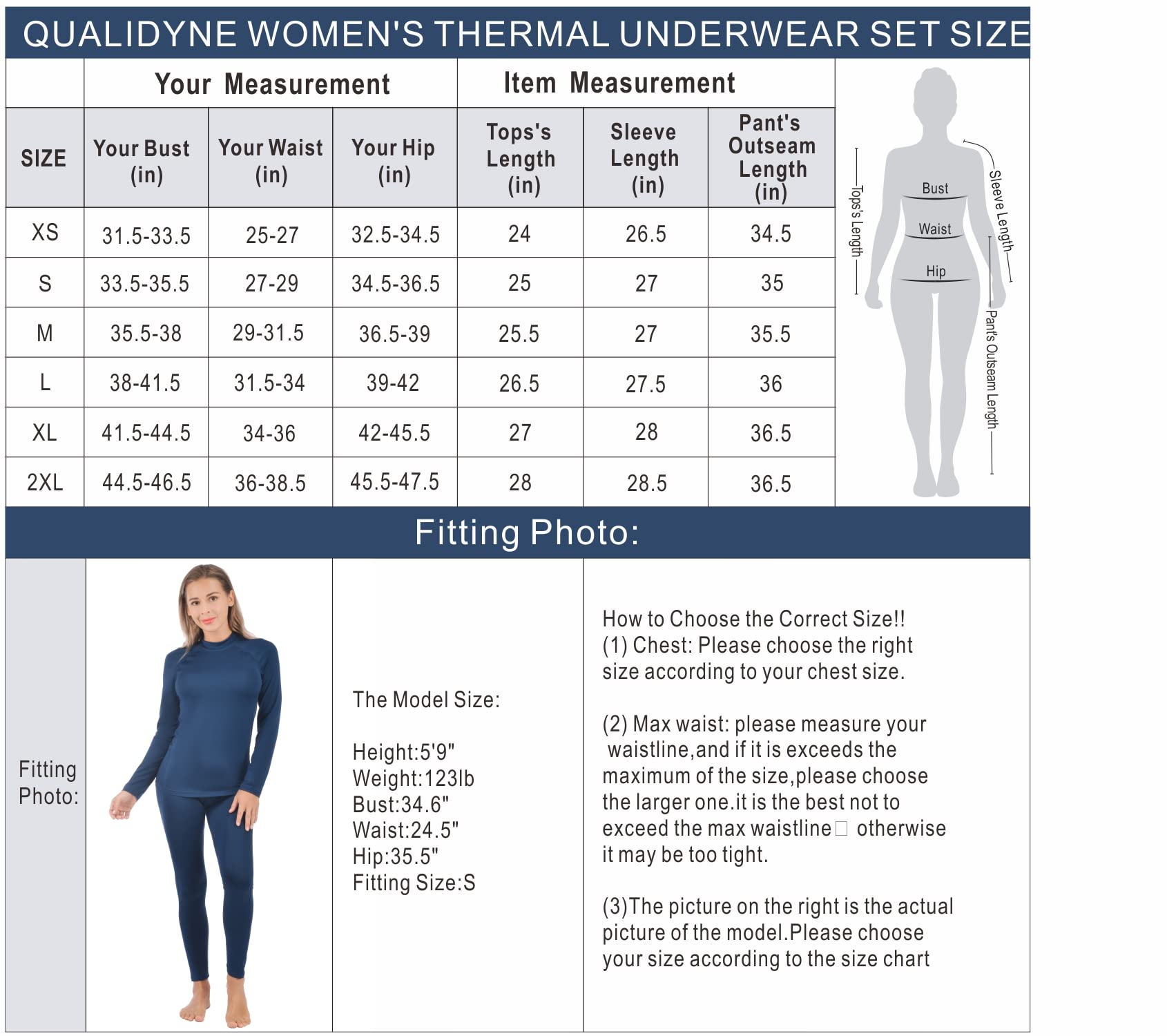 Qualidyne Women's Thermal Underwear Set - Ultra Soft Fleece Base Layer Top & Bottom for Winter Sports, Hiking & Cold Weather Activities