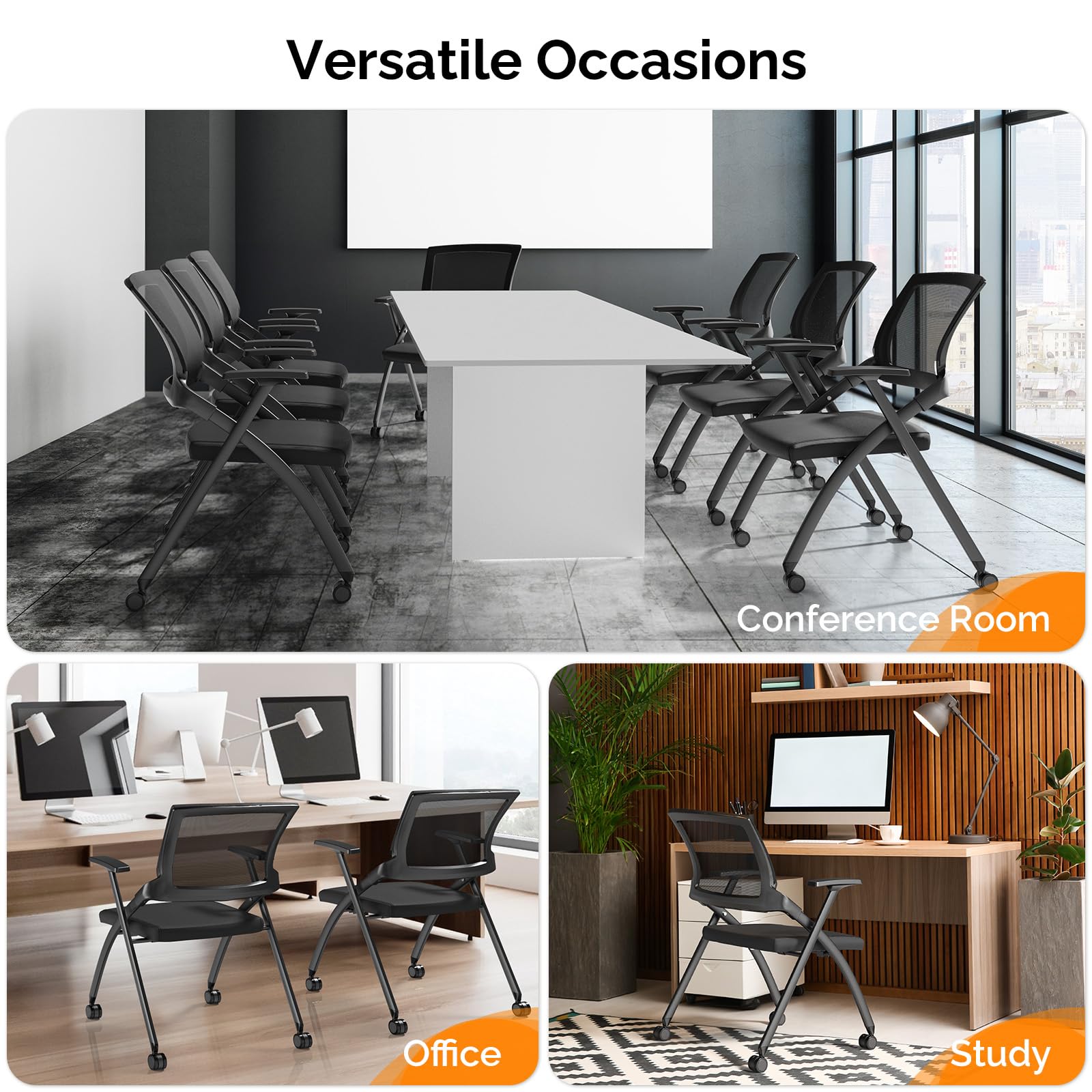 Stackable Rolling Office Chairs with Wheels - Ergonomic Folding Conference Room Chairs for Training, Guest Reception & Events - 350lb Weight Capacity - Perfect for Meetings, Seminars & Office Spaces