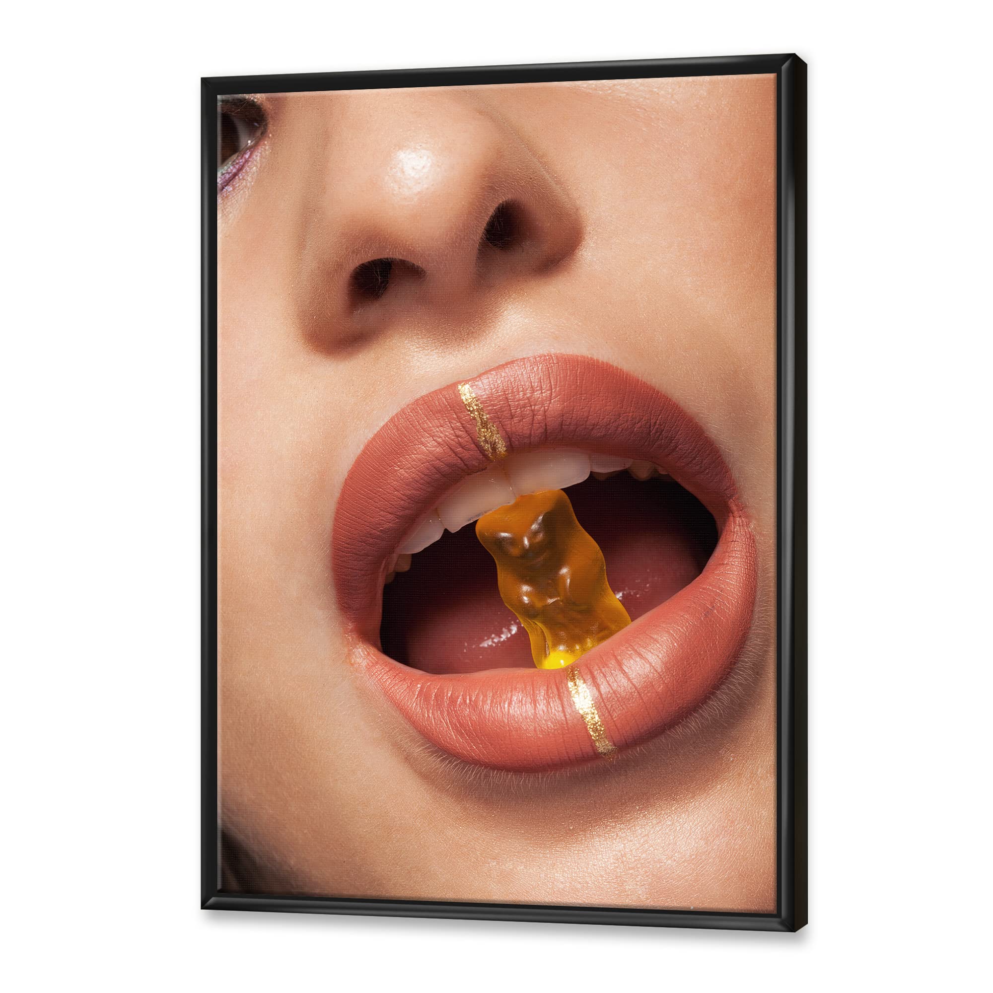 Modern Framed Canvas Wall Art Print - Close Up View of Woman Biting Gummy Bear - Perfect for Living Room, Bedroom & Office Decor