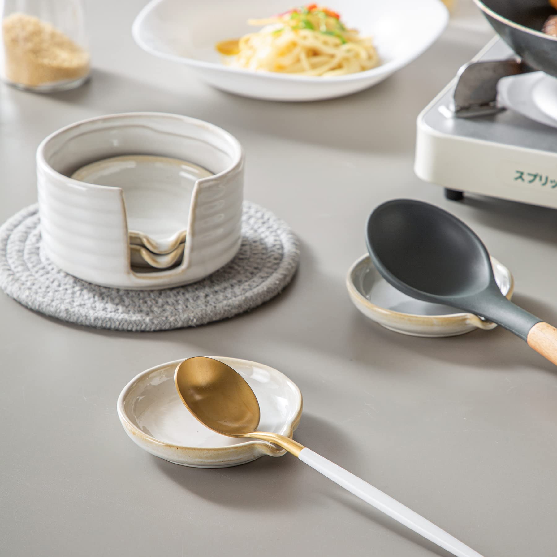 Ceramic Spoon Rest Set of 4 - Kitchen Utensil Holder for Cooking, Soy Sauce Dishes & Dipping Bowls - Cream Color Home Essentials for Countertop Organization & Asian Cuisine Prep