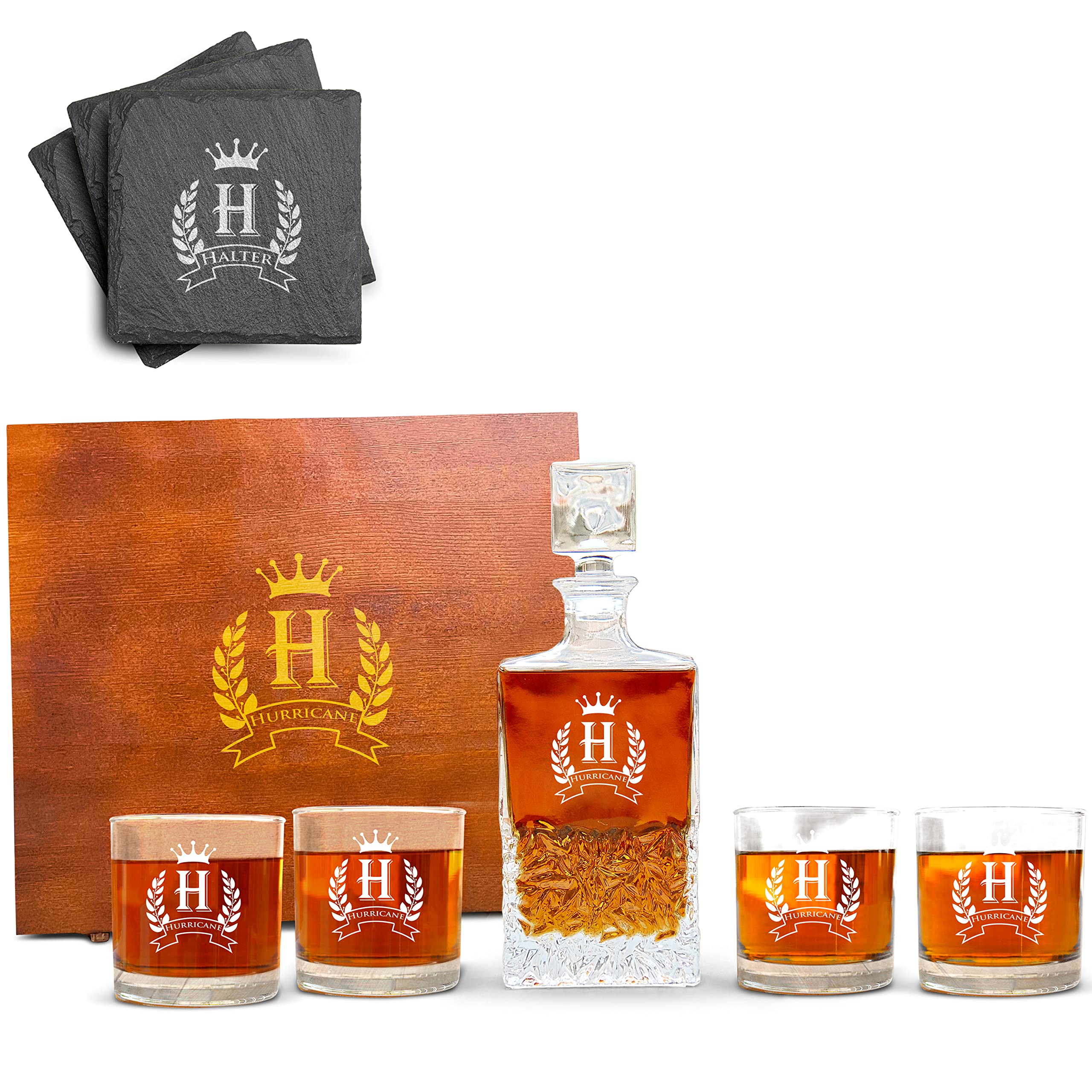 Personalized Engraved Decanter Set with 2 Glasses & Gray Coasters - Whiskey Decanter Gift Set for Men, Father's Day, Anniversary & Home Bar Decor - Perfect for Bourbon, Scotch & Wine Lovers