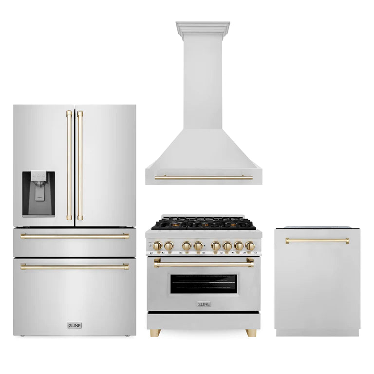 ZLINE Autograph Edition 36-inch Stainless Steel Dual Fuel Range with Range Hood, Dishwasher & Refrigerator - Polished Gold Accents Kitchen Package (4AKPR RARHDWM36 G) | Premium Appliance Bundle for Modern Kitchens, Home Renovation & Luxury Cooking Spaces