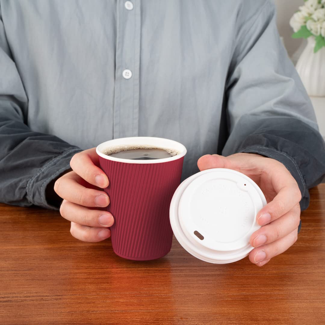 12oz Insulated Coffee Cups with Lids (200 Pack) - Leakproof & Non-Slip Crimson Disposable Paper Cups for Hot Beverages - Perfect for Coffee, Tea, Hot Cocoa, and Lattes at Cafés, Offices, and Events