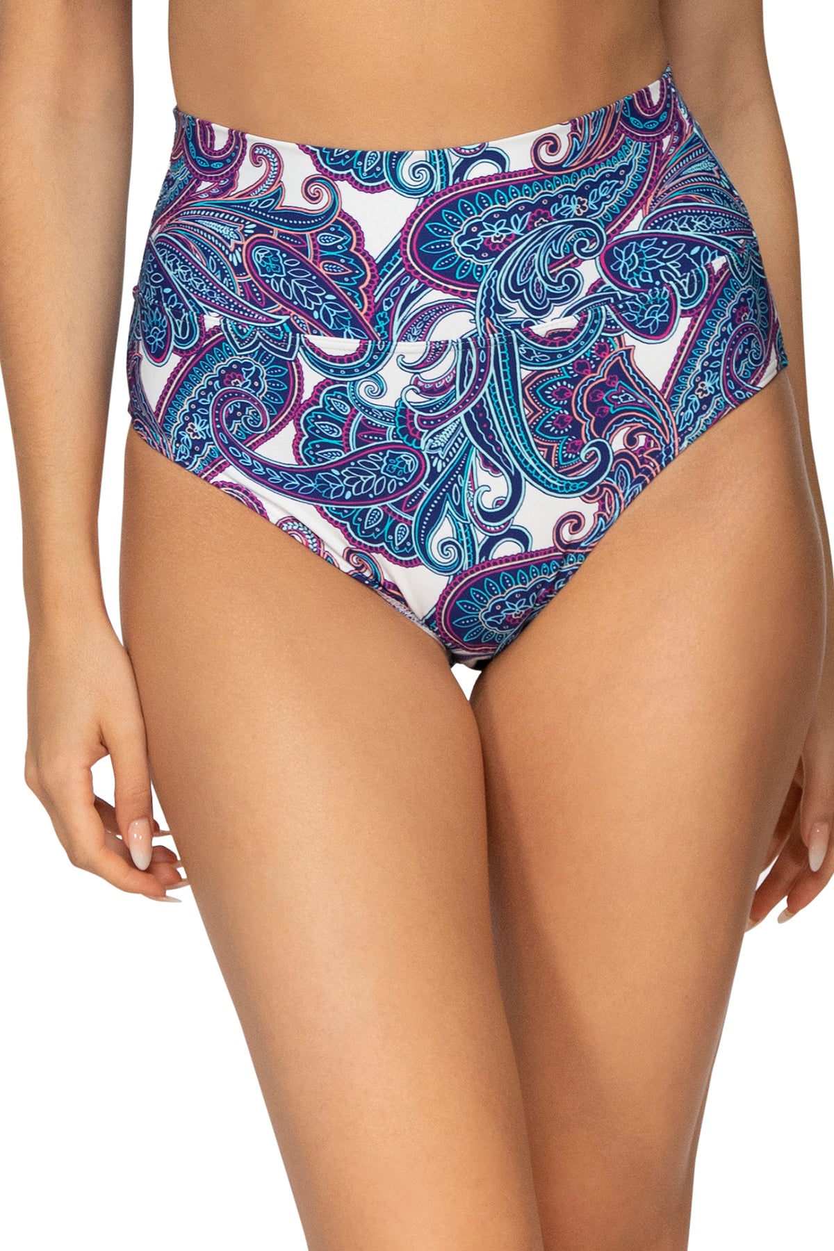 Hannah High Waist Regatta Paisley Floral Print Swim Bottoms - Women's Retro Vintage Bathing Suit for Beach, Pool & Vacation
