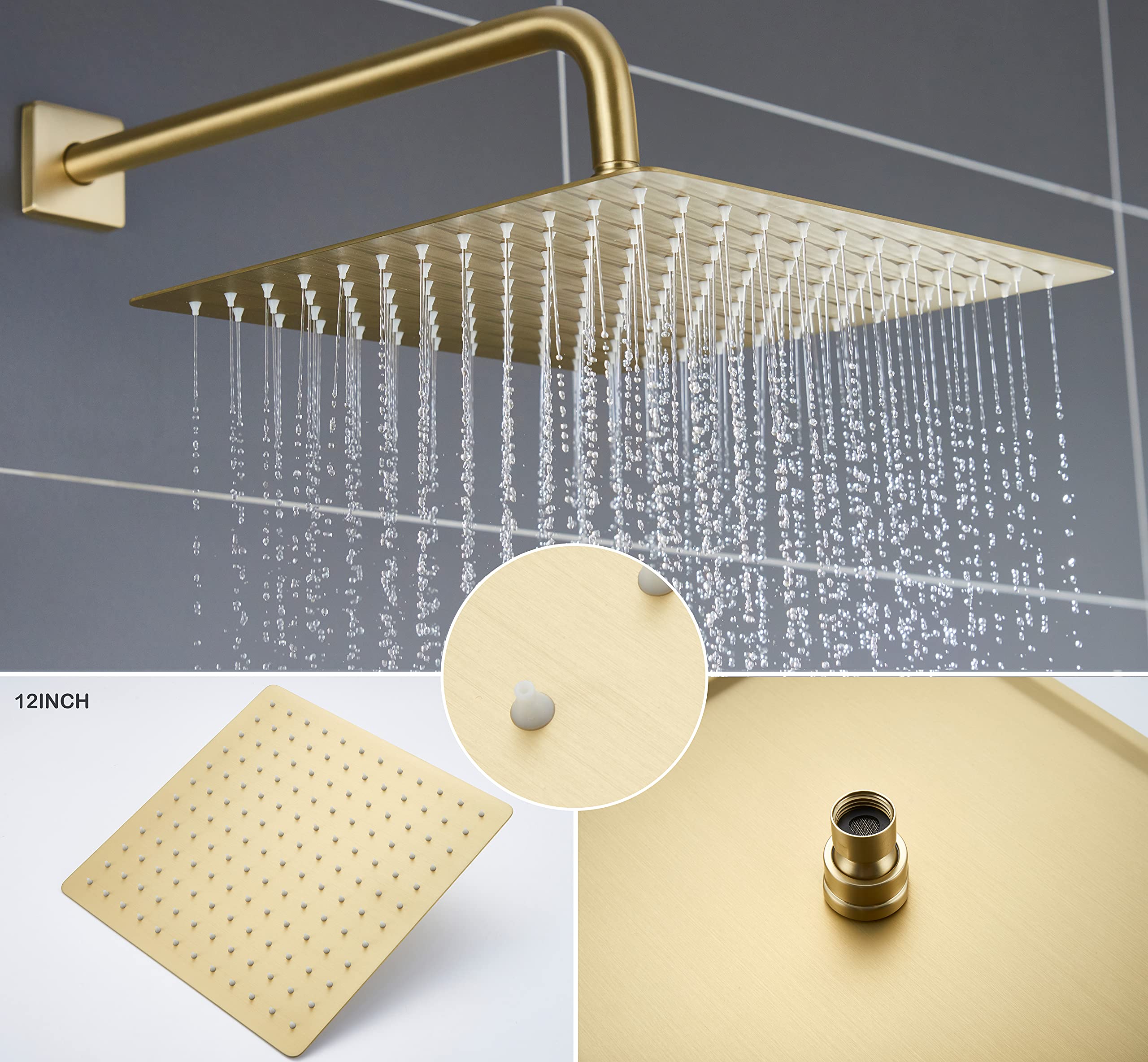 Brushed Gold Shower Fixture Set - 12 Inch Gold Shower Head, Tub Spout & Handle Combo with Valve - Luxury Bathroom Faucet for Modern & Vintage Bathrooms - Perfect for Home Renovation & Spa-Like Shower Experience