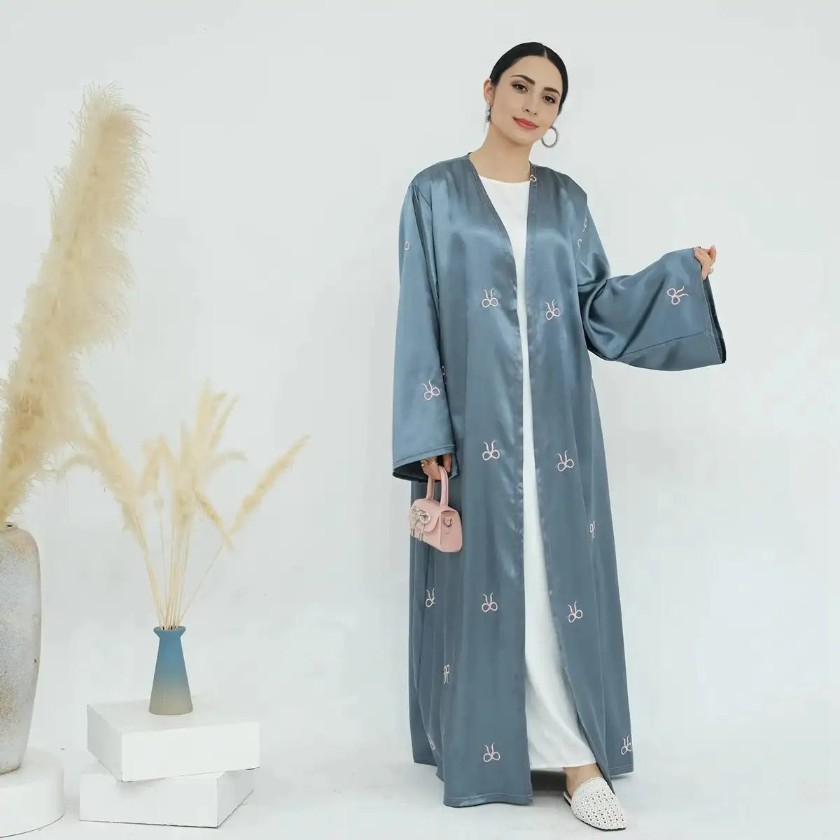 Elegant Open Abaya Dress with Bow Embroidery - Satin Cardigan for Women in Gray, Coffee & Black | Perfect for Prayer, Modest Fashion & Special Occasions