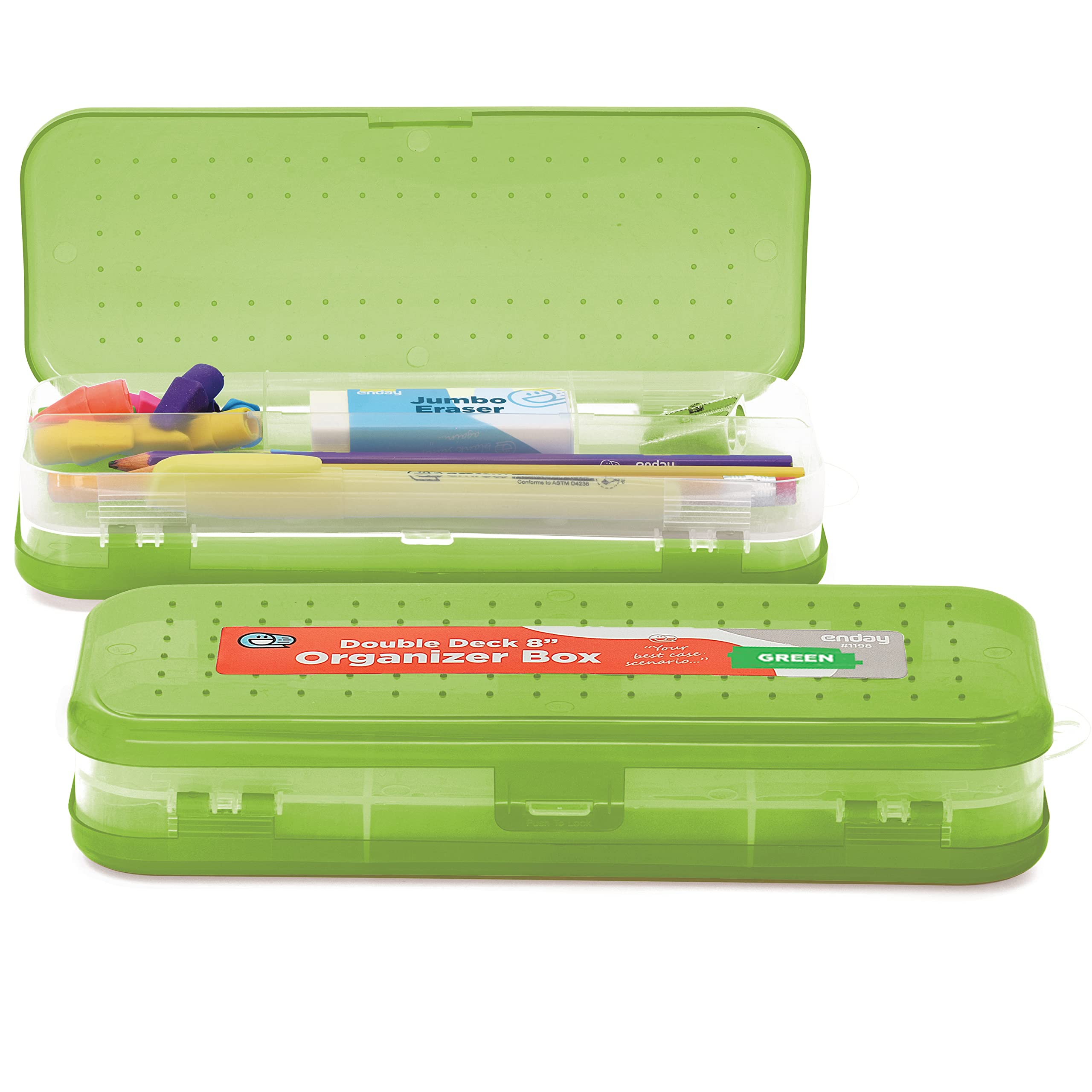 **Enday Plastic Double Deck Pencil Case - 5 Compartment Green Pencil Box for School & Office Supplies, Storage Organizer (Also in Pink, Purple, Orange, Yellow, Blue) - Perfect for Students, Artists & Professionals**
