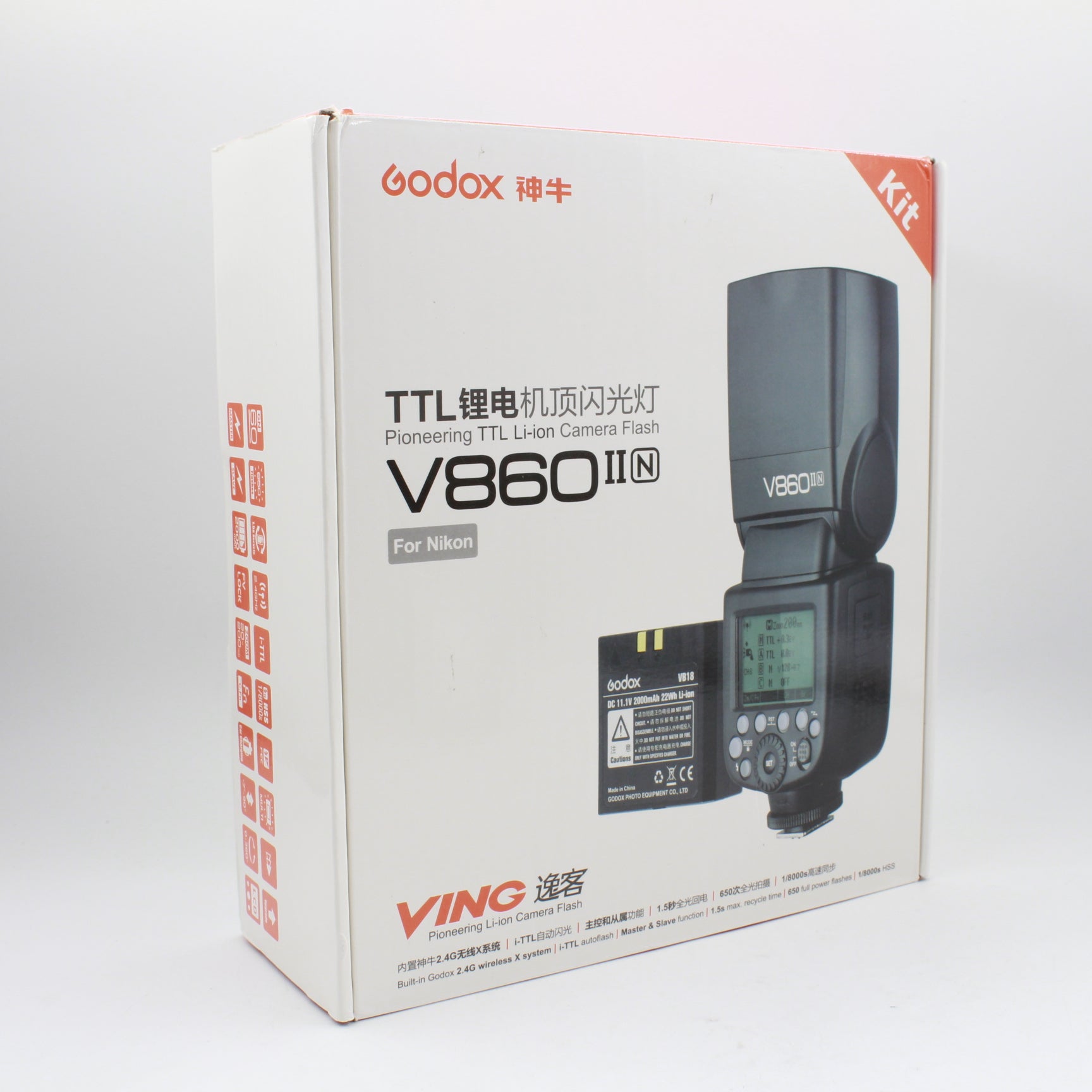 Godox VING V860IIN TTL Li-Ion Flash Kit for Nikon DSLR Cameras – High-Speed Sync, Rechargeable Battery, Excellent Open Box Condition – Perfect for Wedding, Portrait & Event Photography